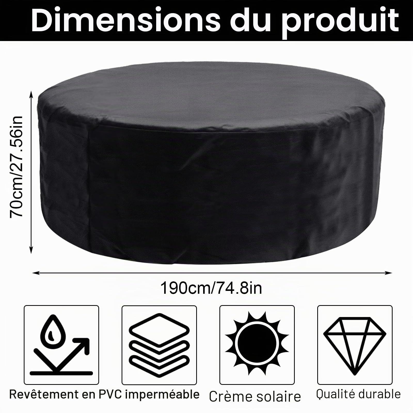 Couverture Ronde pour Bain à remous 190 x 70 CM-420D Résistant aux UV et imperméable, Couverture complète pour Bain à remous extérieur 4 Places (Portable)