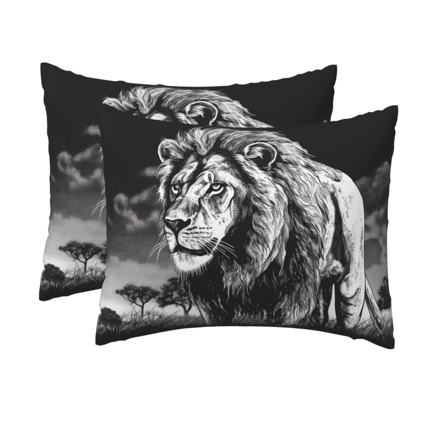 2 Pack Standard Size Pillow Cases for Hair and Skin Soft Breathable Pillow Case Covers with Hidden Zipper Lion Black White Illustration Pillowcase 20x26 Inches Pillow Cover for Sleeping Gift