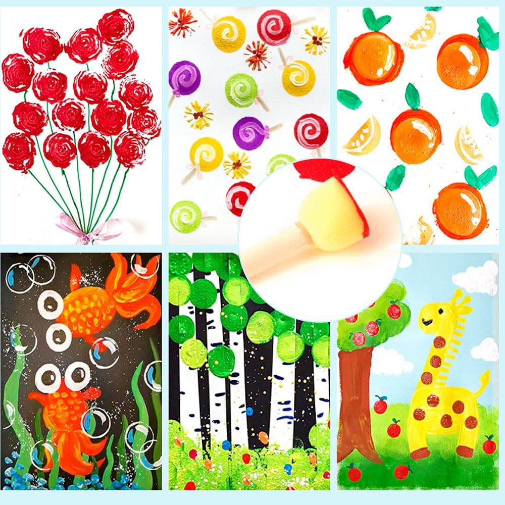 60PCS Yellow Round Sponges Brush Set Wooden Handle Round Foam Brushes Set Paint Sponge Brush (0.59Inch)