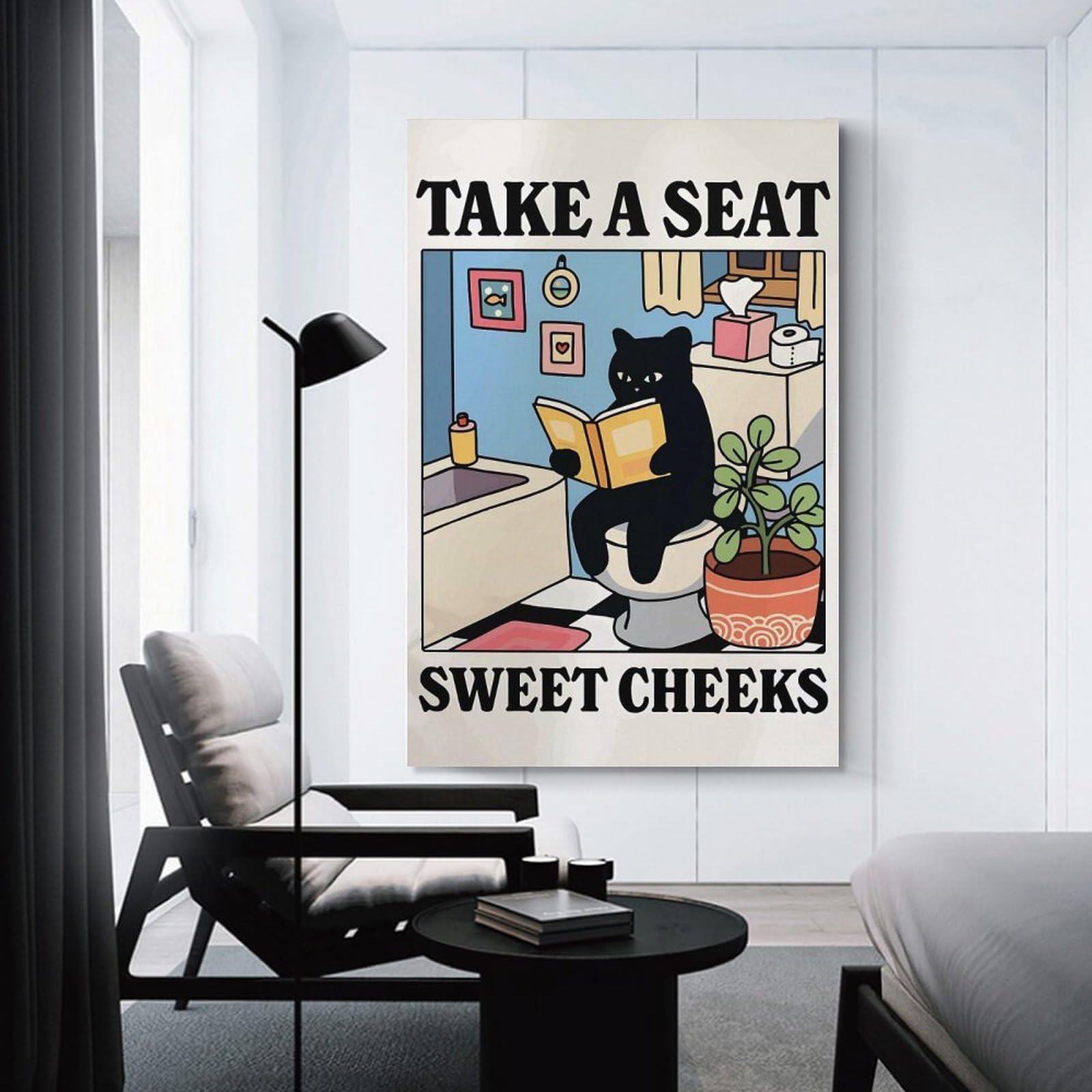 Junmoney Wall Picture Print Cat Reading on Toilet Art, 16x24inch(40x60cm), for Hallway, Bedroom Or Modern Interiors, Thoughtful Wall Decor for Art Lovers