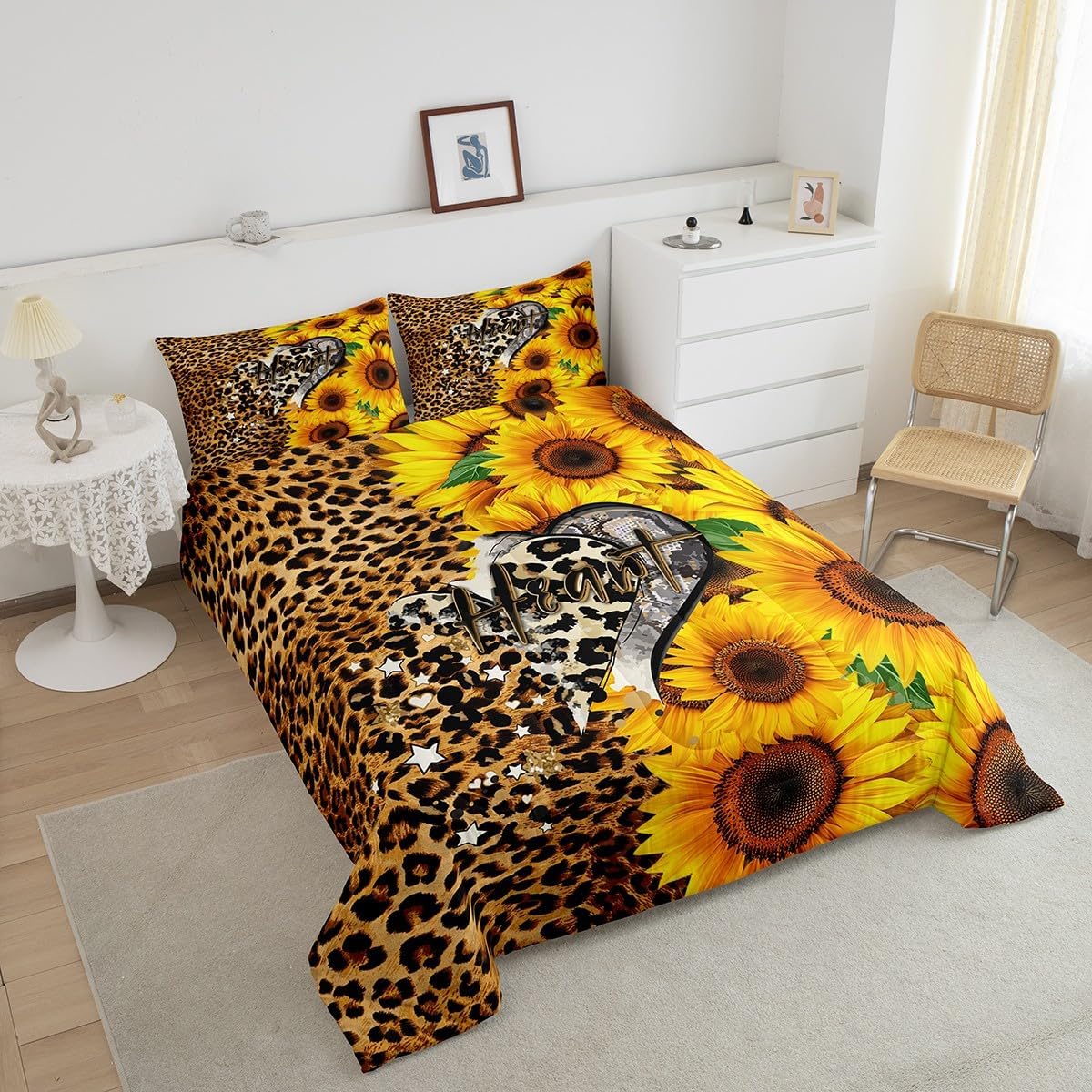 Leopard Print Comforter Set Queen Size for Girls Women Sunflowers Decor Bedding Love Pattern Romantic Theme Bedding Comforter Sets Wild Animal Leopard Print Duvet Insert Rustic Farm Floral Quilt 3 Pcs