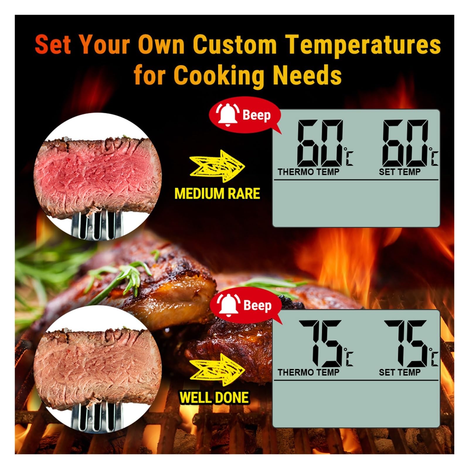 Termoigrometro Termometro for Carne da Cucina con Display LCD Digitale for Griglia da Forno for Barbecue con Funzione Timer(Silver)