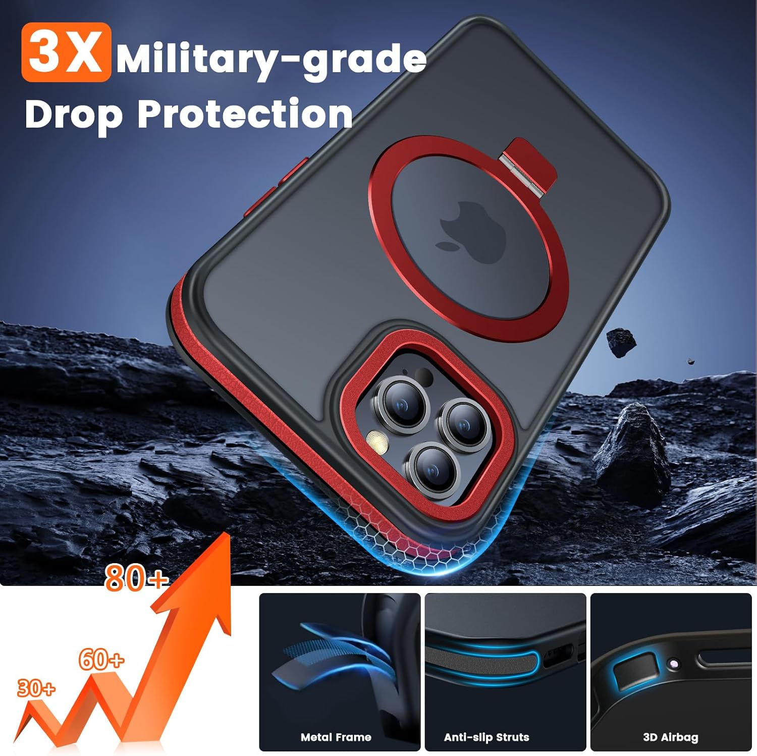 Magnetic Case for iPhone 16 Pro, with Invisible Ring Stand, Military Drop Protection, Shockproof Anti-Fingerprint Matte Protective Cover for iPhone 16 Pro, Red - Image 4