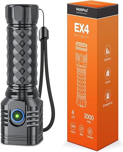WdtPro Flahlight de metal de alto lúmenes, linternas recargables 4 LED impermeables, luz de flash súper brillante para camping, senderismo,