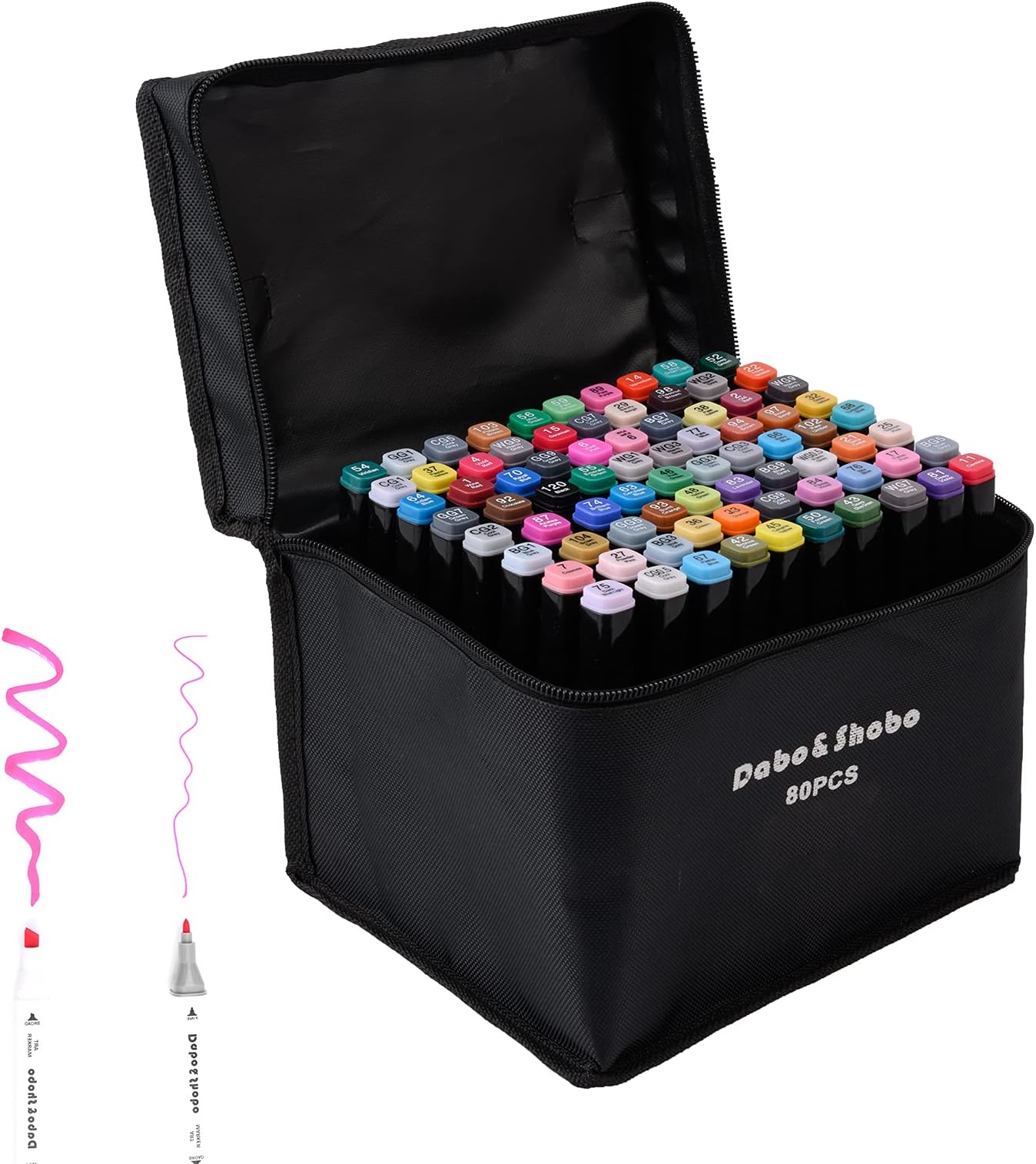 Dabo&Shobo 80 Color Alcohol Marker Pens, Bright Permanent Markers For Coloring, Markers For Adults Coloring Book, Wide Chisel and Fine Tip, Dual Tip Design, Equipped with Black Suitcase