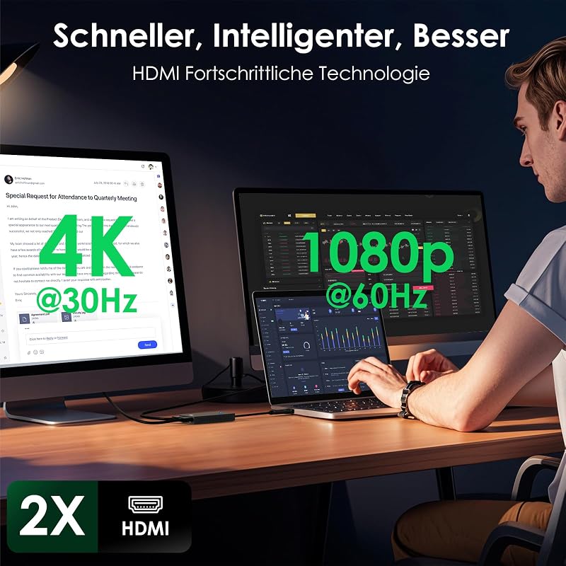 Minthouz USB 3.0/USB C Dual HDMI Adapter - 4K+1080p Kettős Monitor Elosztó Windows és MacBook M1/M2/M3 Kompatibilis, Dell HP Surface Lenovo