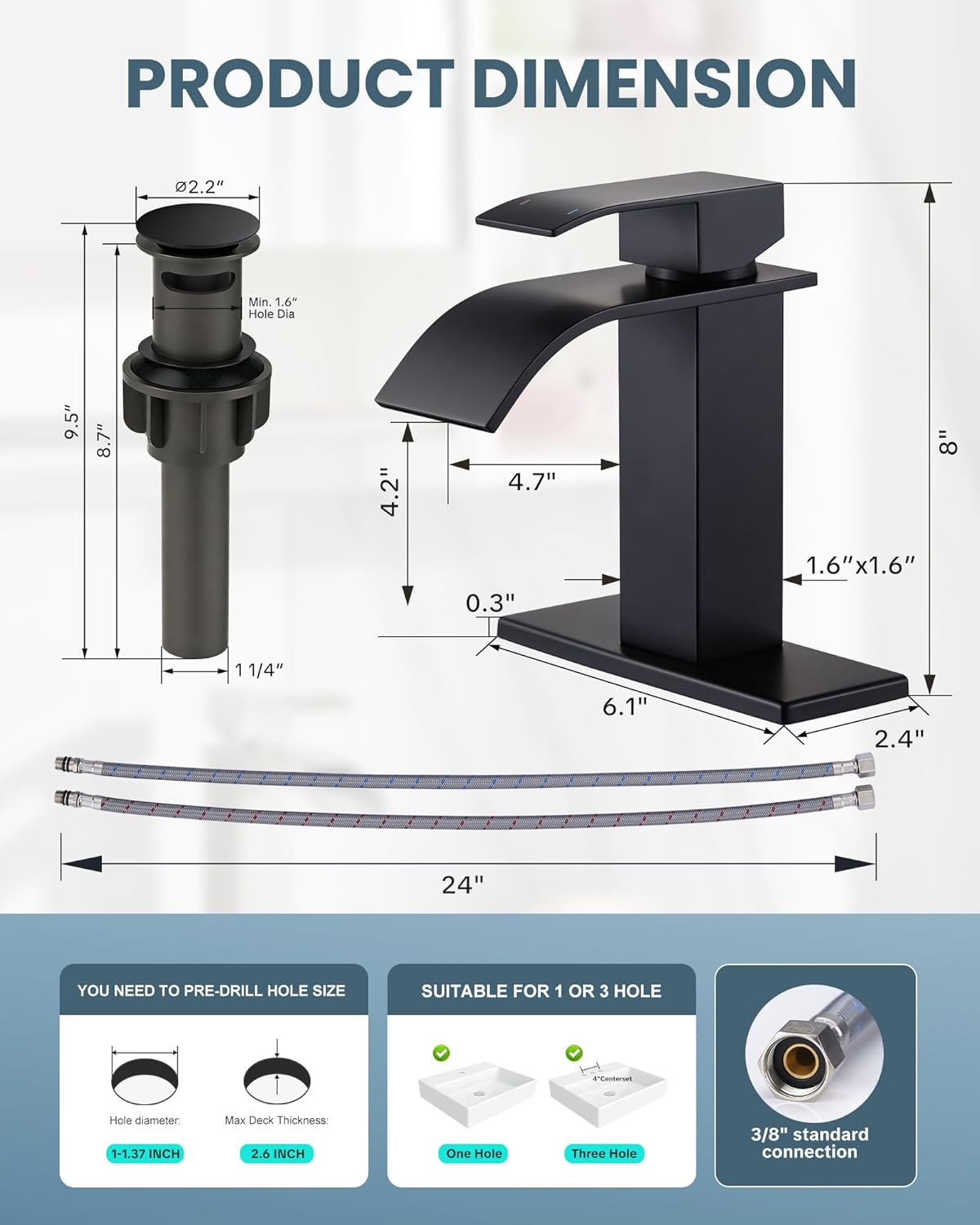 ARCORA Waterfall Bathroom Faucet Matte Black Faucet for Bathroom Sink Single Handle Mixer Tap Lavatory Vanity Faucet with Deck Plate and Pop Up Drain, 1 or 3 Hole
