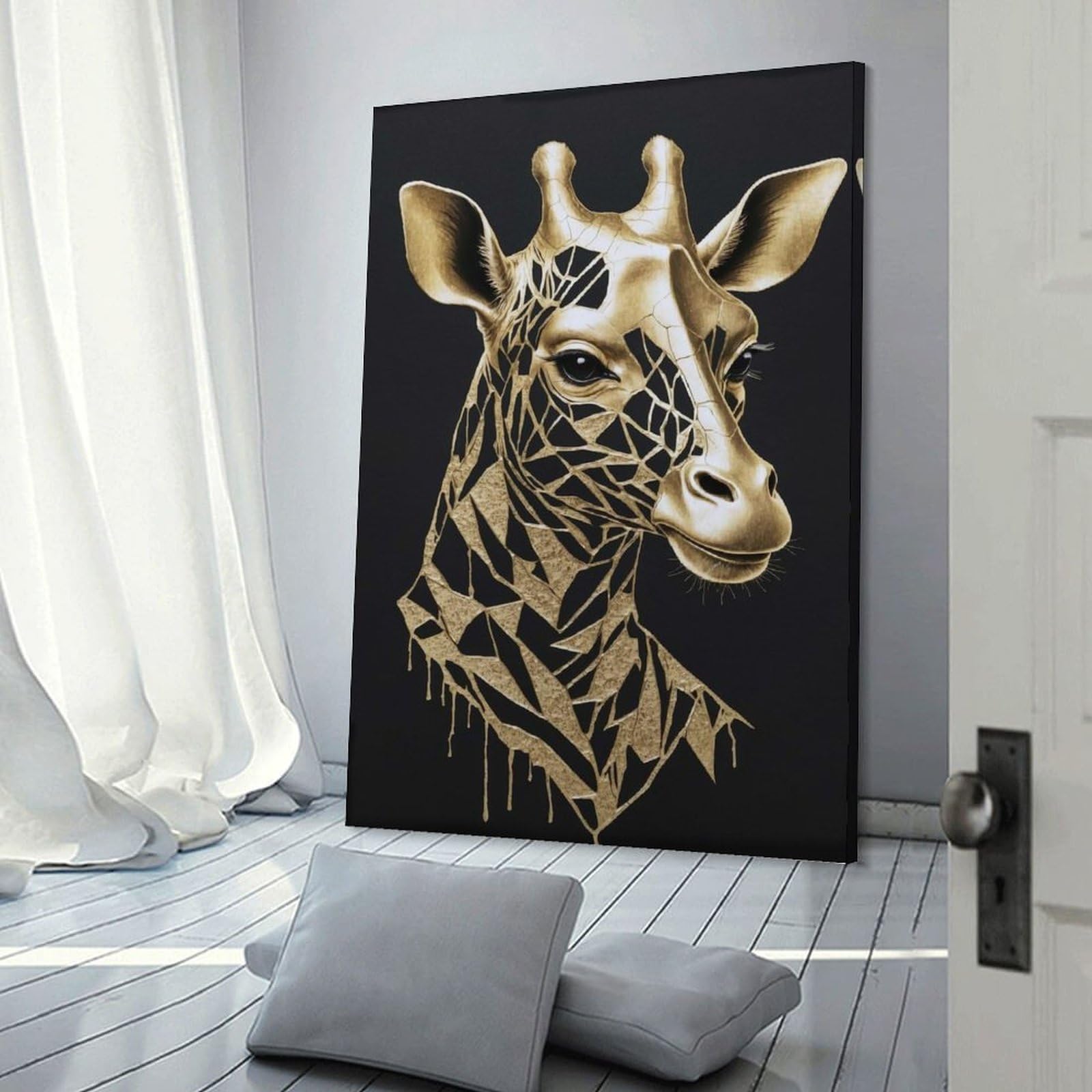 Junmoney Wall Picture Print Golden Giraffe Portrait on Black Background, 24x36inch(60x90cm), for Wall Displays, Bedrooms Or Room Updates, Wall Decor Suited to Curated Displays