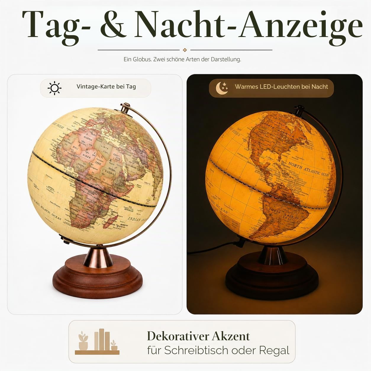 EXERZ 20 cm Leuchtglobus Antik Globus LED Holz Ständer Schülerglobus | Vintage Farbe Modernn Karte USB Cable Metall Arc für Zuhause Büro Schule Geografie Lernen und Gift Präsentation