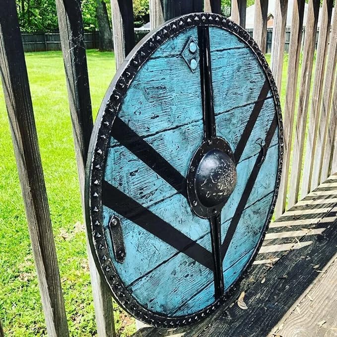 AJMICO - Viking Round Shield with Legartha Maiden Design, Medieval Knight Shield, Gift for Him, Blue, Wood for The Base