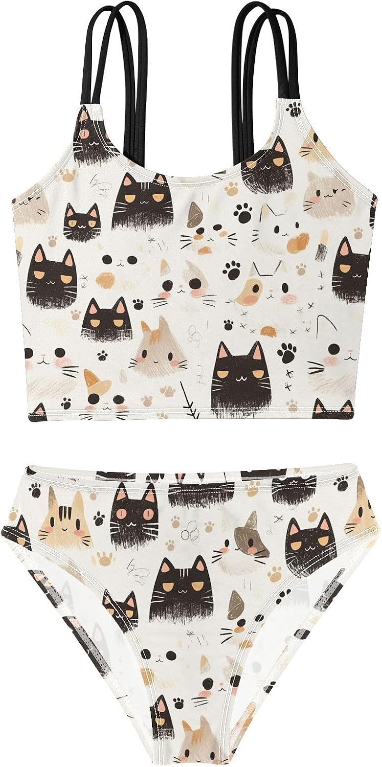 visesunny Girls Two Piece Swimsuits Cartoon Animal Cat Head Girl's Bikini Sets Bathing Suits for Girls Size 5-12Y