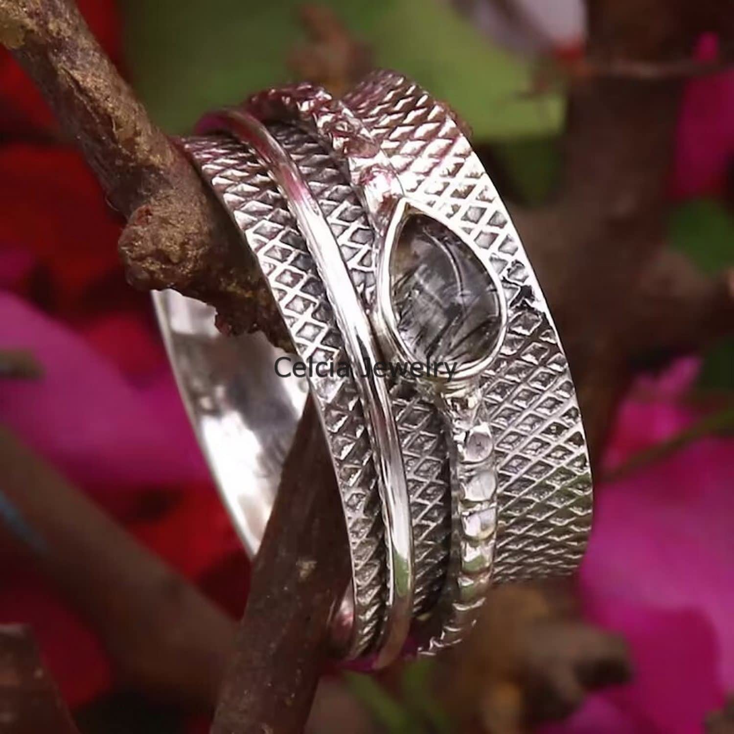 Anillo giratorio de cuarzo rutilado negro en plata, anillo de meditación para hombres y mujeres, anillo de regalo para el Día de la Madre (talla 7 de EE. UU.)