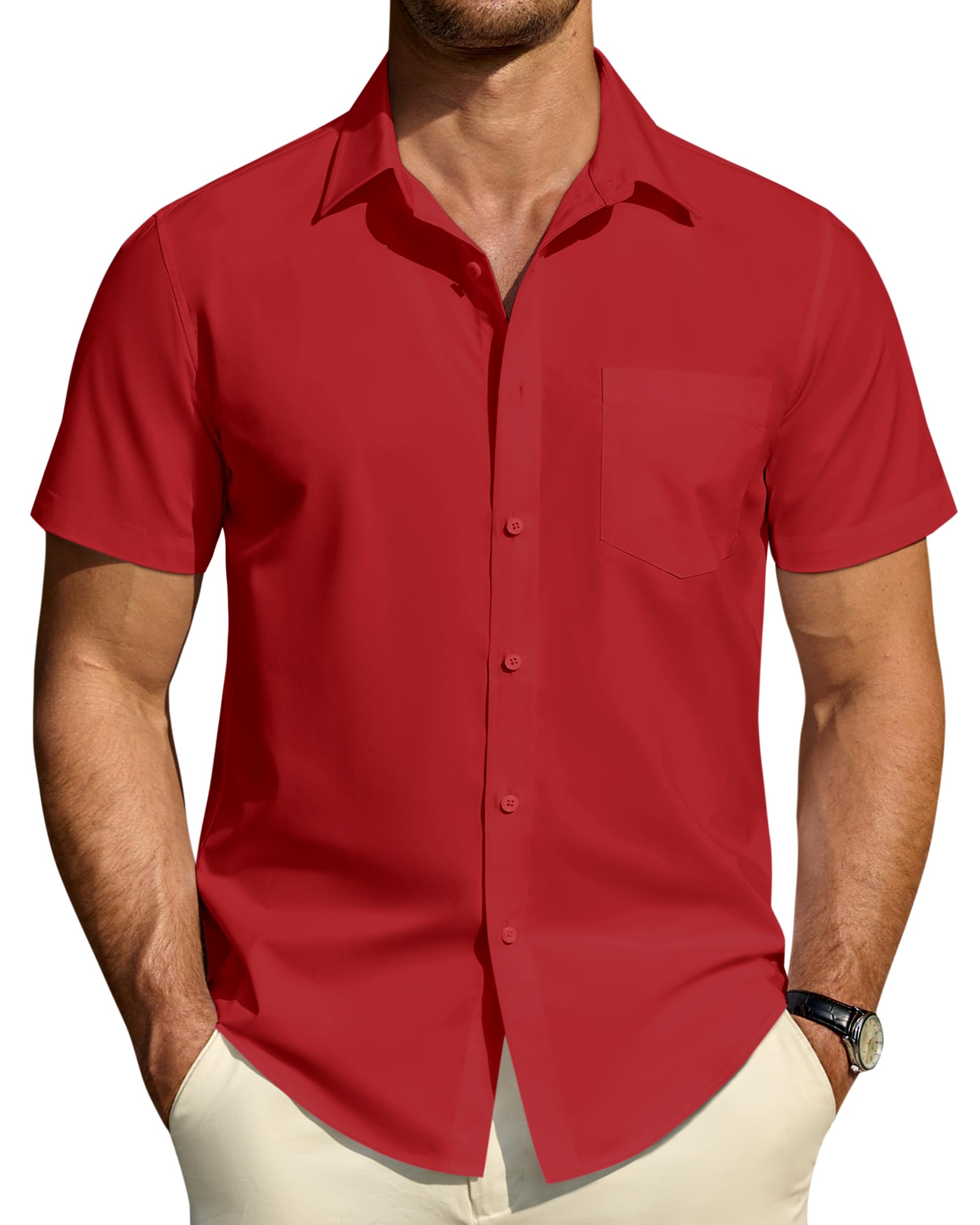 Mens Short Sleeve Dress Shirts Cotton Solid Casual Summer Wedding Button Down Shirt with Pocket