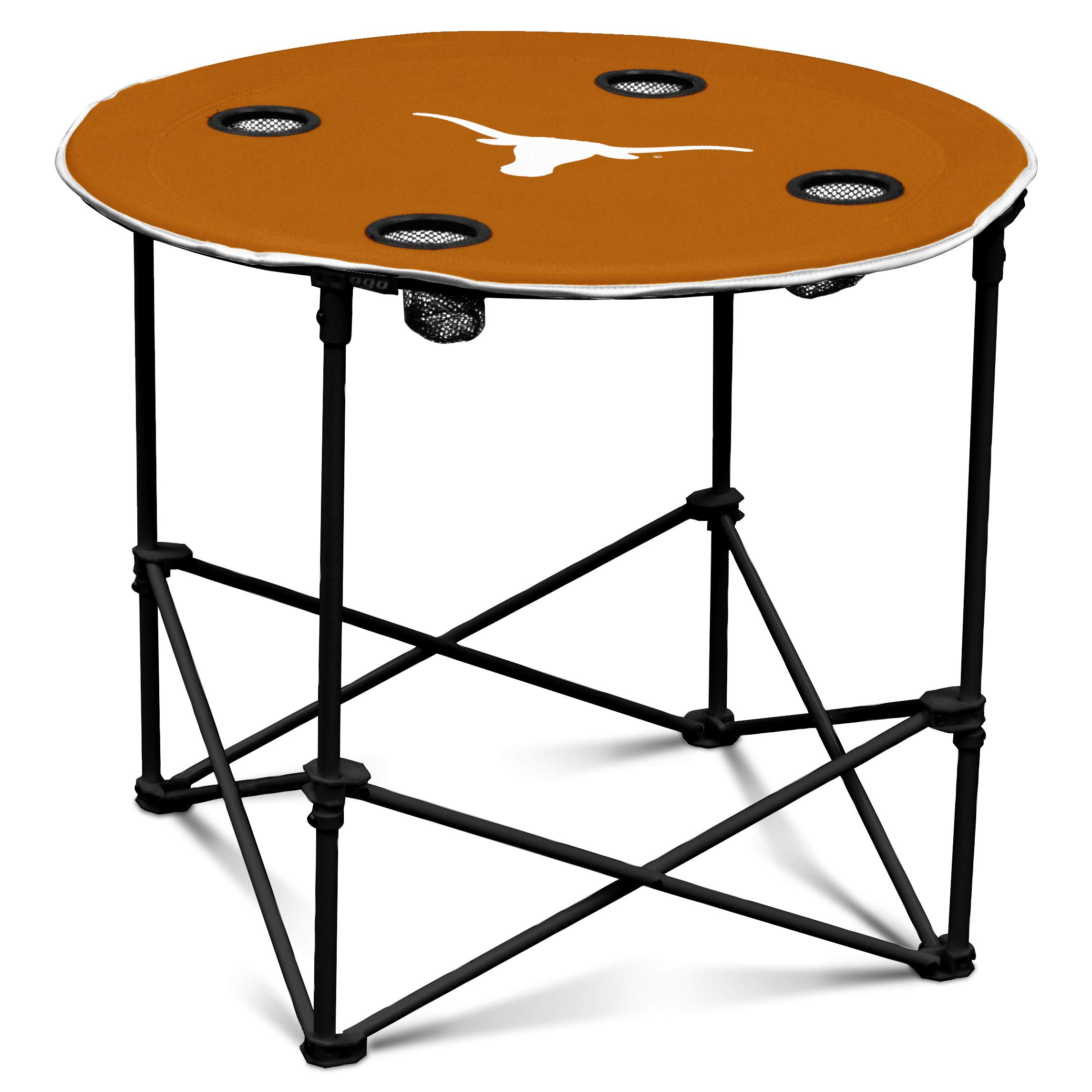Logo Brands NCAA Texas Longhorns Round Tailgating Table – Portable with Foldable Legs, 4 Cup Holders, Powder-Coated Steel, and 27.6" Surface Diameter, Team Color