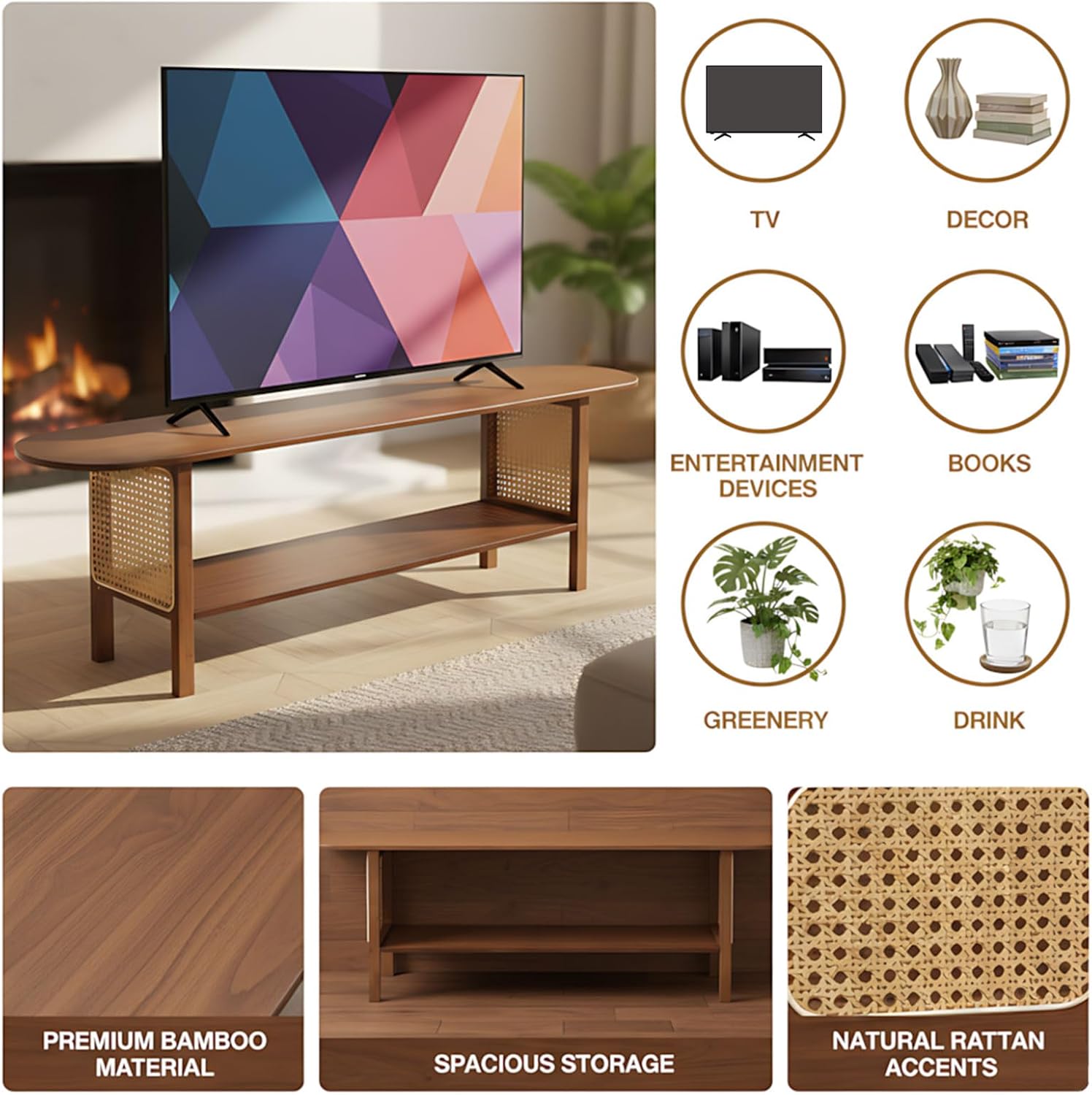 TV Stand for 65 inch TVs, Large Media TV Console with Storage Shelf, Modern Entertainment Center TV Stands for Living Room, Bedroom, 55" TV Table, Walnut - Image 4