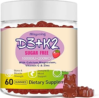 Vitamin D3 K2 Sugar-Free Gummies,Vitamin D3 10000 IU with K2 200mcg,VitaminC,Calcium,Magnesium,Zinc,Support for Bones,Joints,Muscles,Nerves,and Immune System (60, Strawberry)