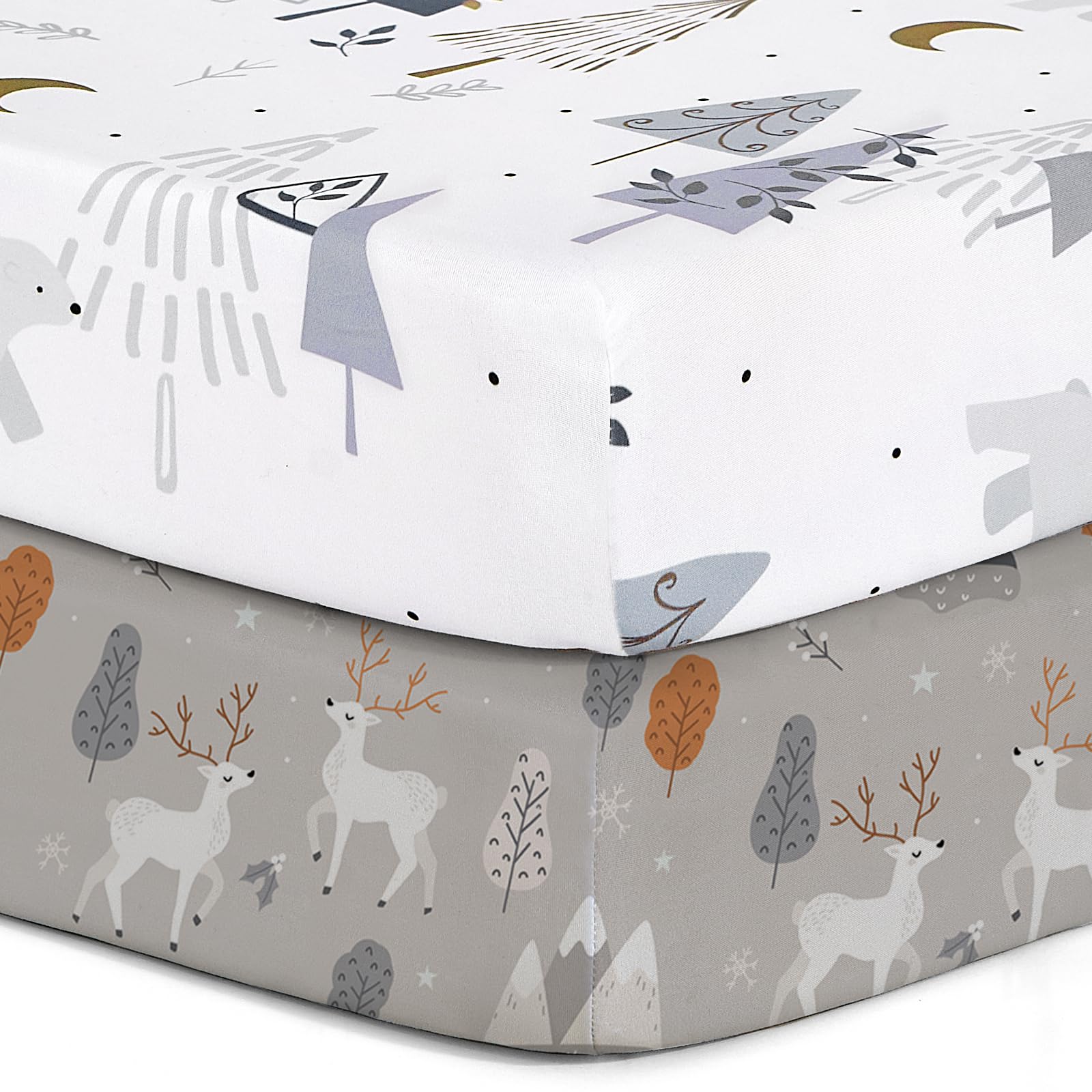 Pack n Play Sheets, BROLEX 2 Pack Mini Crib Sheets,Stretchy Portable Fitted Playard Sheet Set, Convertible Playard Mattress Cover,Ultra Soft Breathable Material,Snowy Forest