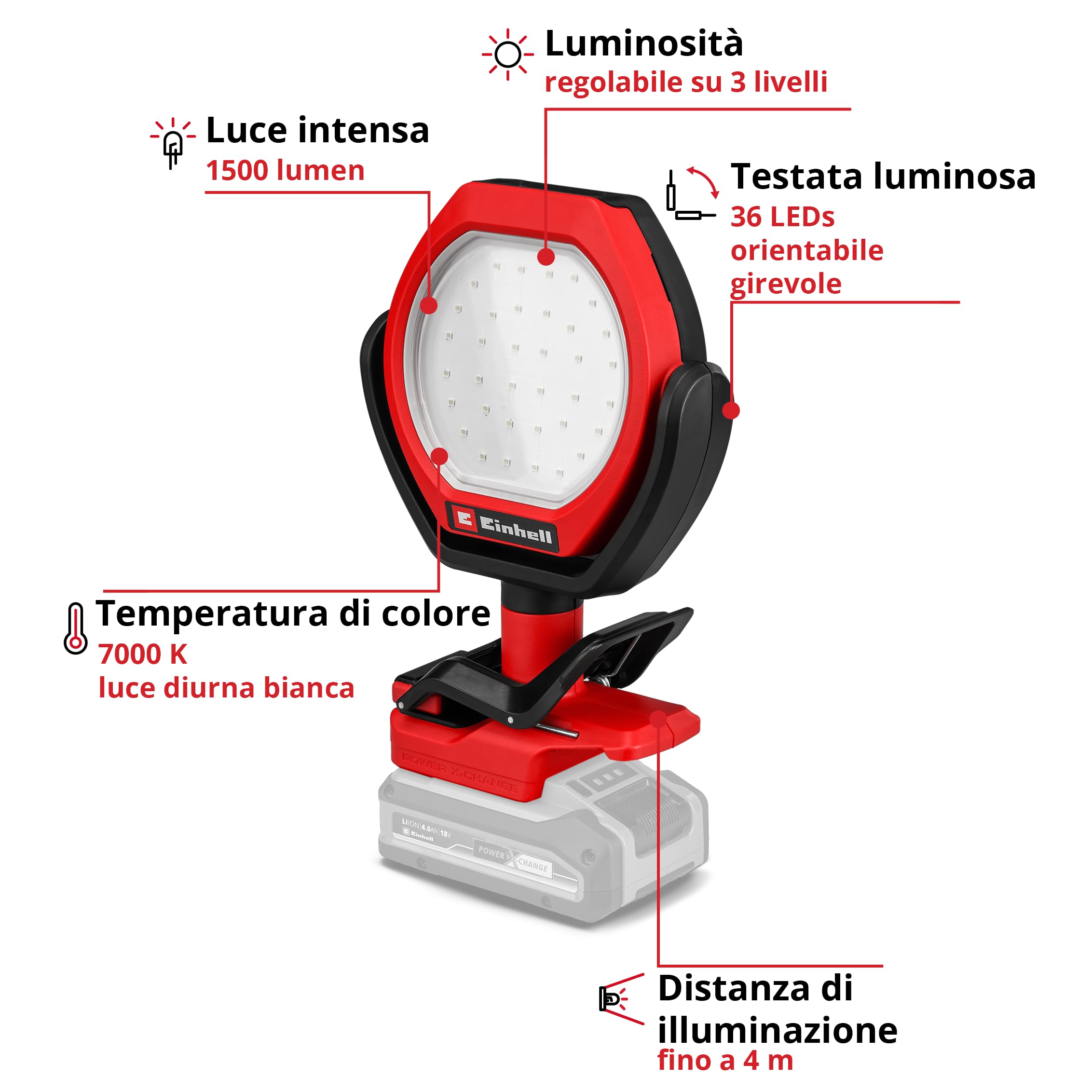 Einhell Outdoor Lampada a batteria GC-OL 18/1500 Li-Solo Power X-Change (18 V, 1500 lm, 7000 K, portata 4 m, testata orientabile, 3 stadi di illuminazione, batteria esclusa)