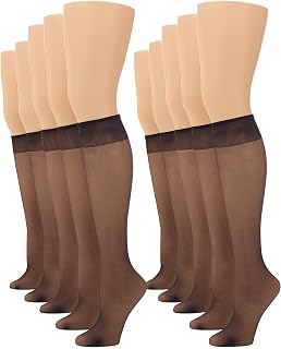 No Nonsense Women's Sheer Knee Highs with Comfort Top - 10 Pair Nylon Stockings Value Pack, Made in USA