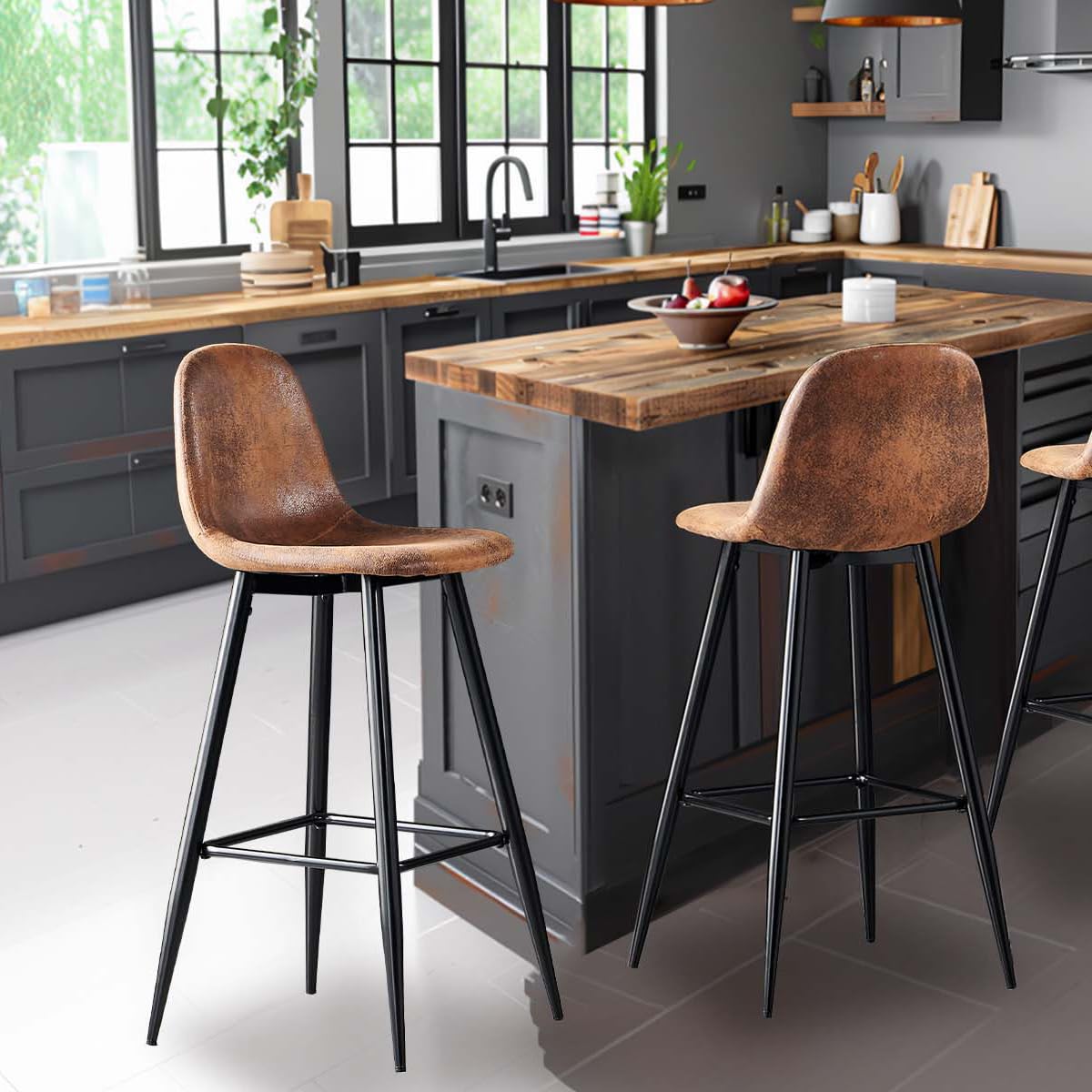 MEUBLE Cosy Juego de 2 Taburete de Bar con Respaldo y Reposapiés Tapizados de Gamuza Vintage Industrial Asiento de 72,5 cm de Altura para Cocina, Bar, Comedor, Marrón