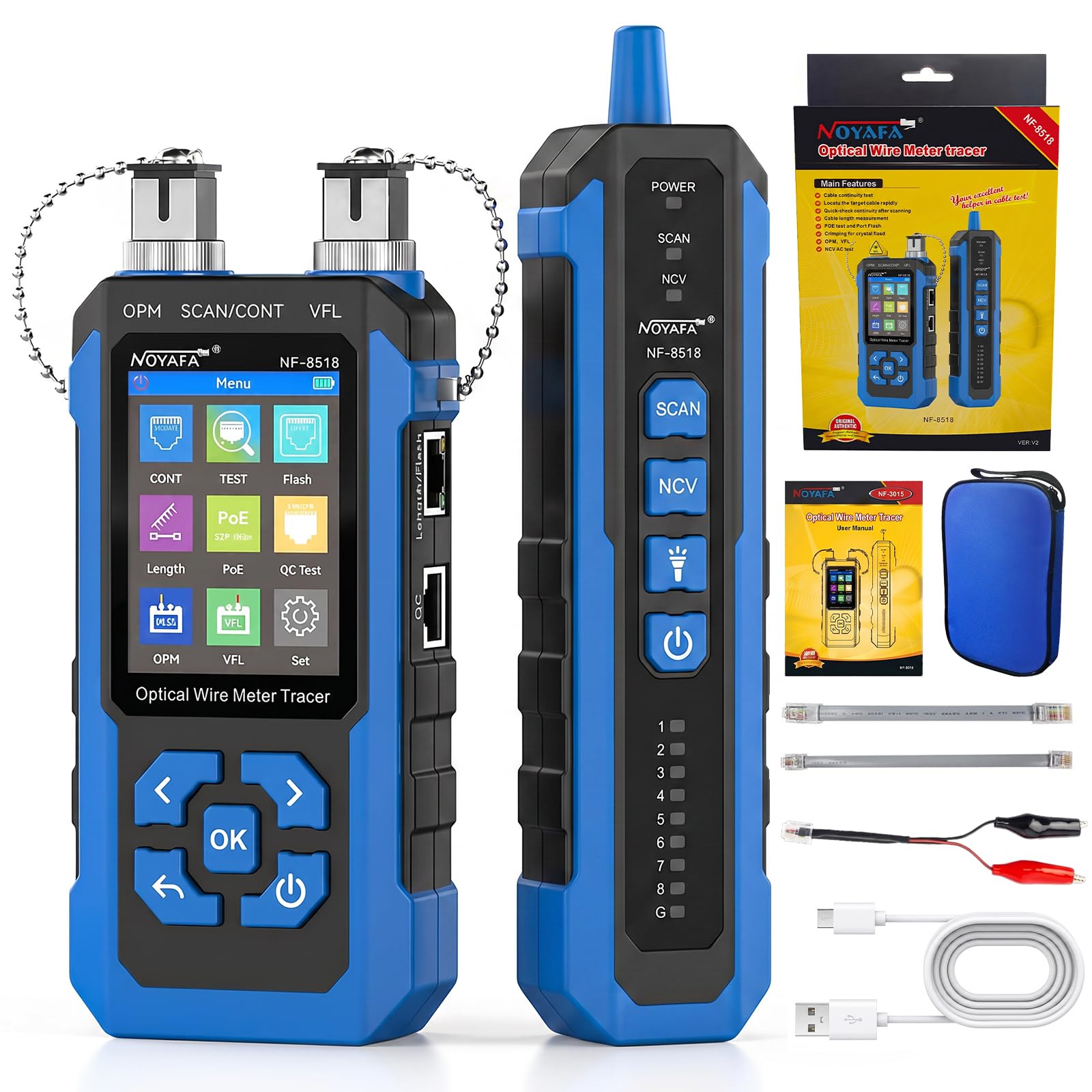 NOYAFA NF-8518 Netzwerkkabeltester mit Optischem Leistungsmesser - RJ45/RJ11, VFL, PoE, NCV, Längentest, Wire Mapping für CAT5/CAT6