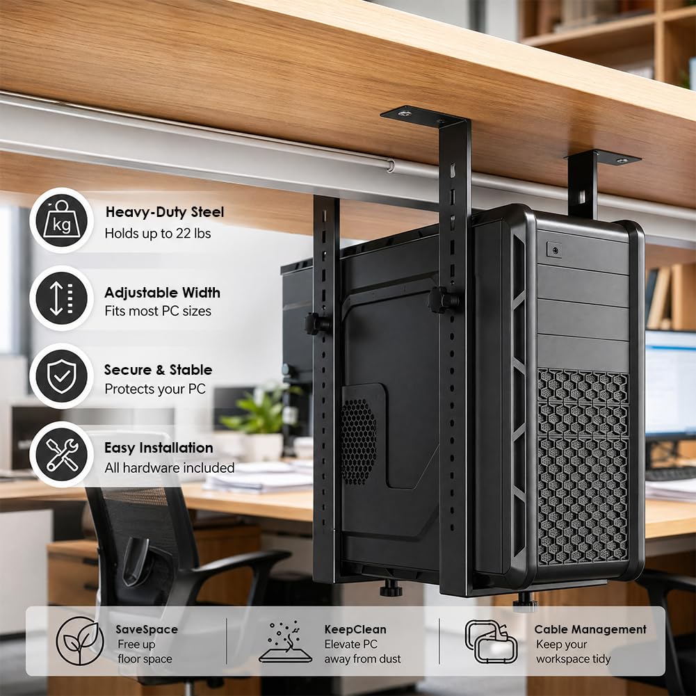 Supporto sottotavolo per PC per case del computer, supporto per PC sotto la scrivania, supporto regolabile per computer sotto la scrivania, supporto da appendere, salvaspazio, funziona con la maggior