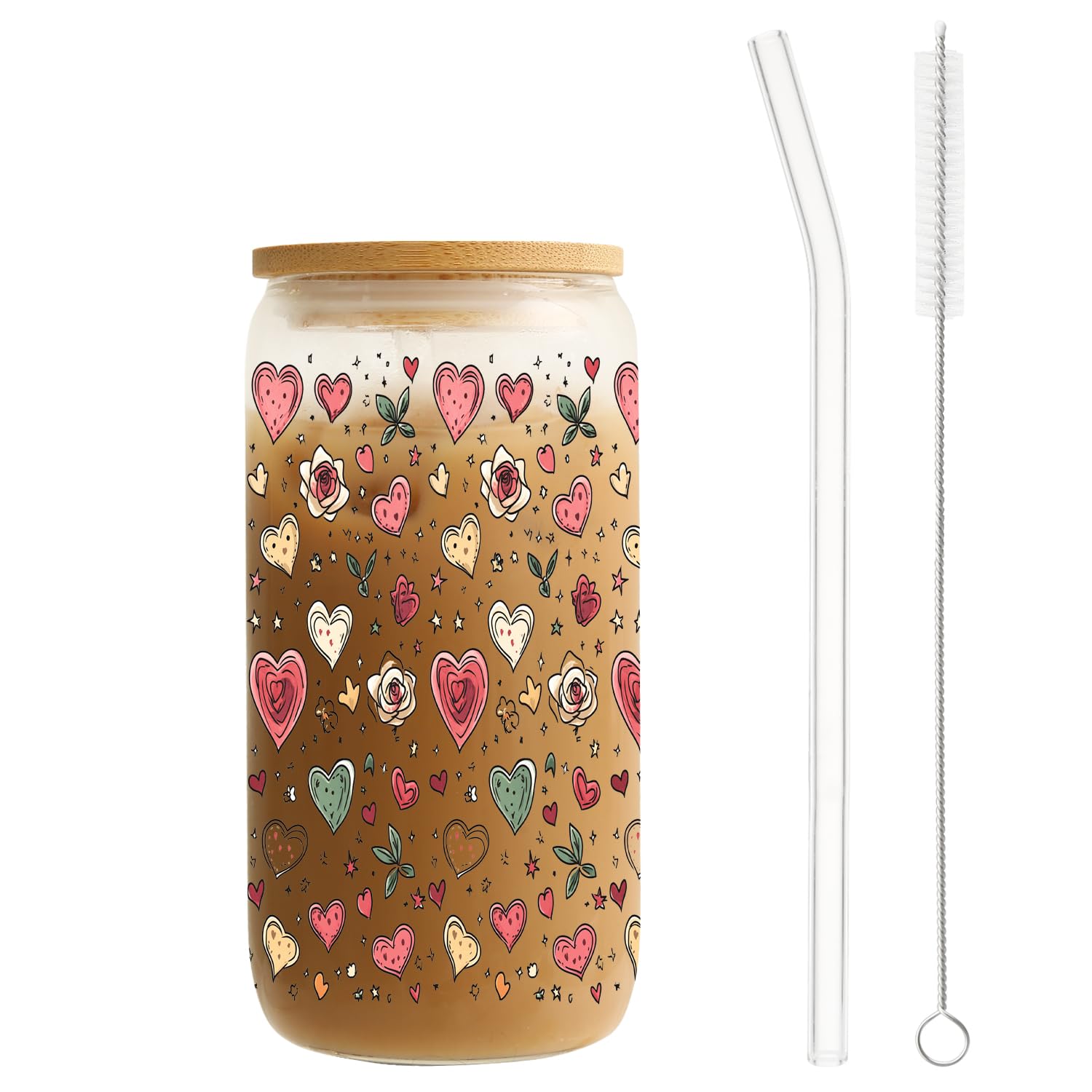 MRYAWXBK Cute Hearts Roses Glass Cup with Bamboo Lids Straw 16oz, Aesthetic Ice Coffee Glass Tumbler for Soda Boba Tea Cocktail Gifts for Her