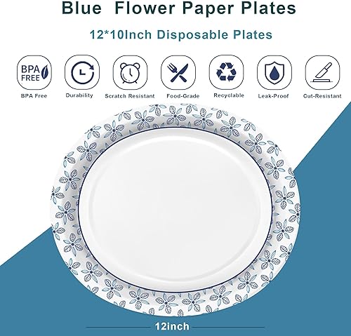 Miniatura 3 de 50 platos ovalados de papel de 12 x 10 pulgadas, platos desechables grandes, resistentes para vacaciones, barbacoas, fiestas de cumpleaños,