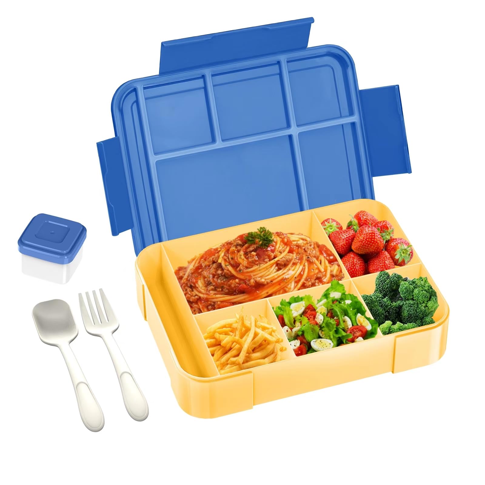 Bento Enfant 6 Compartiments Anti-Fuite – Lunch Box INeibo Bleu Avec Sac, Autocollants & Sauce