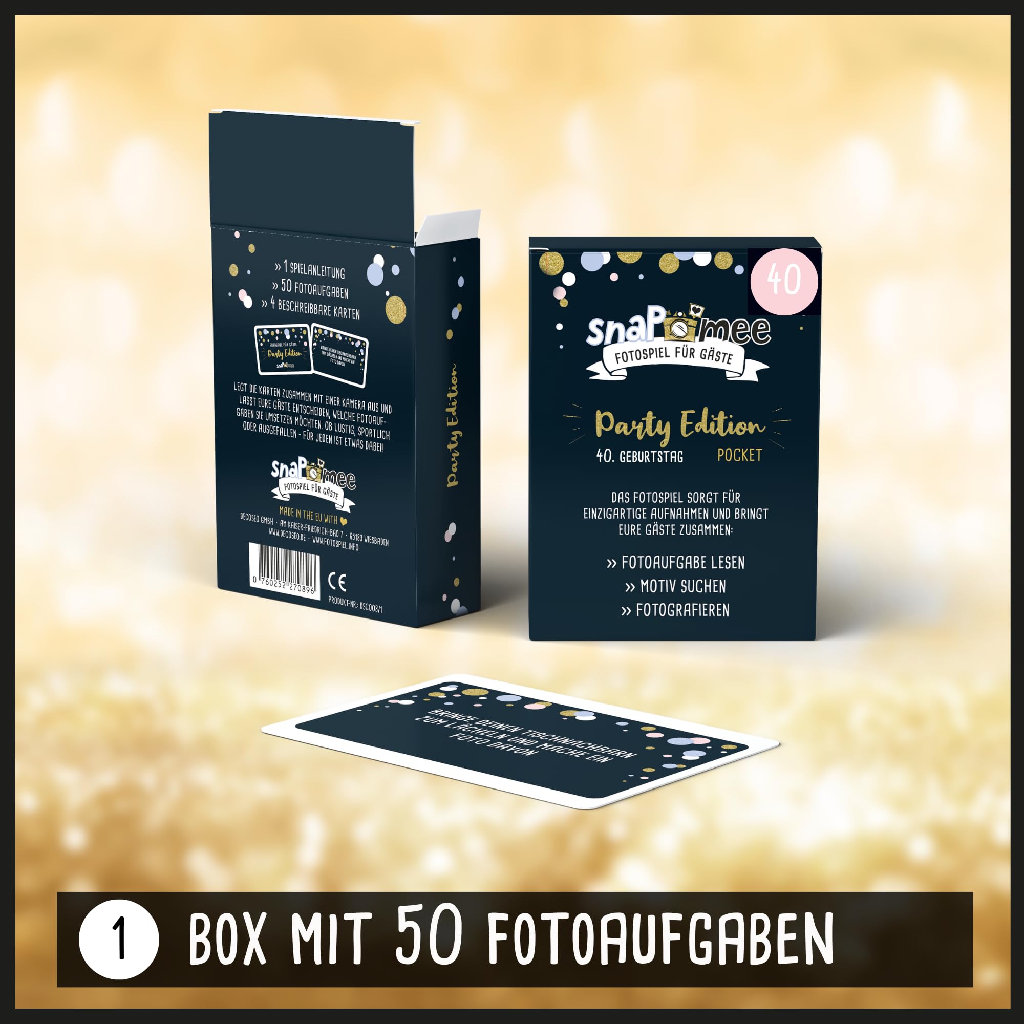 Fotospiel Set 40 Geburtstag by snaPmee - Fotoaufgaben, Hardcover-Gästebuch (21x21cm), Stift, Sticker, Aufsteller - Party-Spiel für Gäste