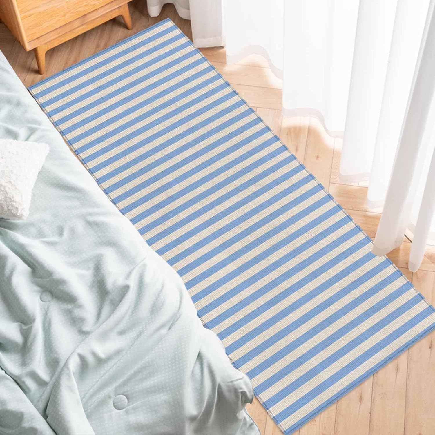 Teamery Kitchen Mats for Floor Modern Blue Striped on Linen Washable Non Slip Kitchen Rugs 1PCS, Vintage Vertical Stripes Absorbent Standing Mats for Sink Bathroom Office Living Room 15.7x47.2in