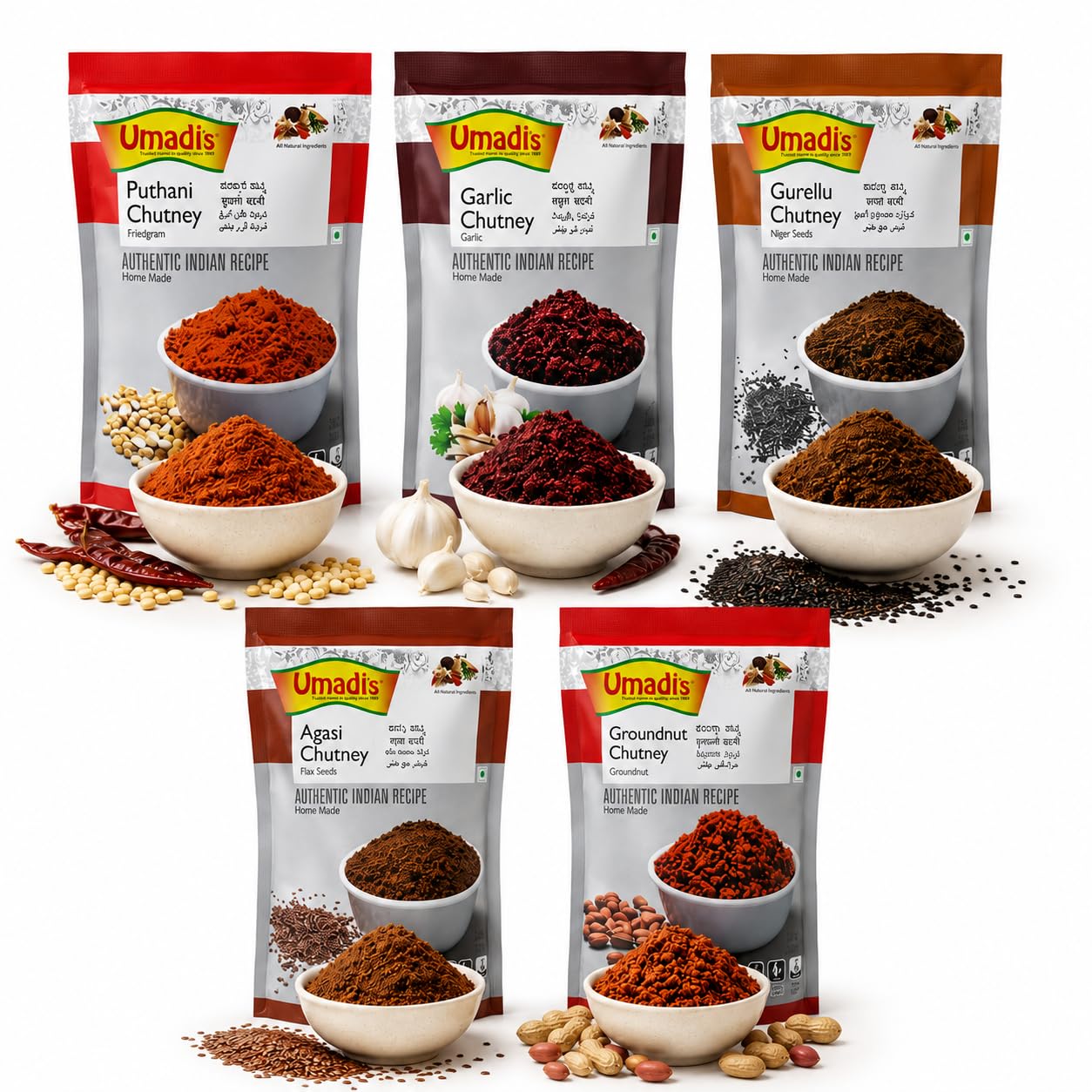 Umadi Combo Pack of 5 Traditional Chutney Powders | Groundnut, Agasi, Phutani, Gurellu & Garlic Chutney | Ready to Eat Dry Chutney | 200g Each | Total 1kg-image-41