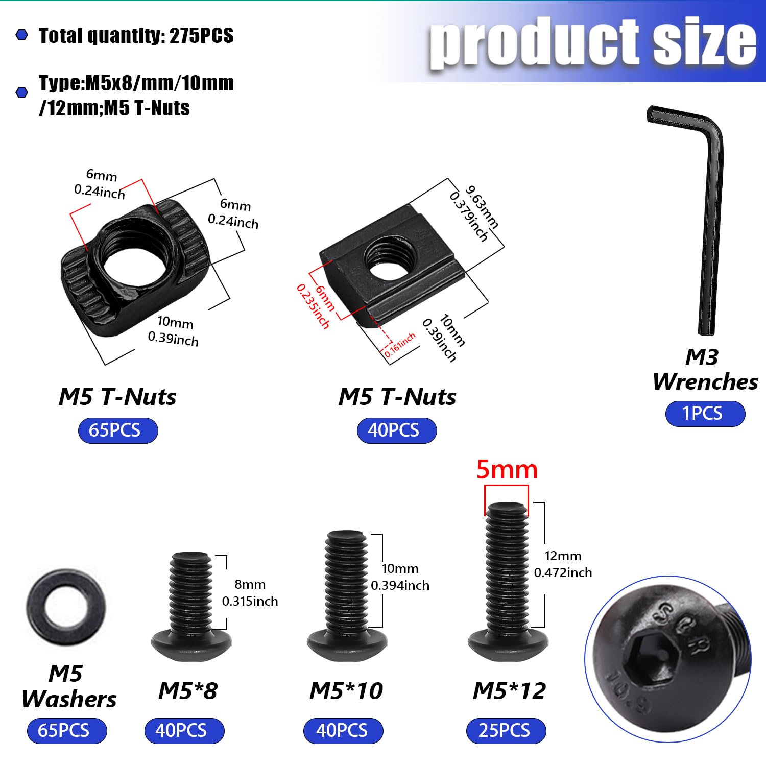 Taiss 275PCS M5 T-Nuts and Bolts Kit for 2020 Aluminum Extrusion Hardware,T Sliding Nut,T-Slot Nut,M5x8/10/12mm Hexagon Socket Screws and Washers with Hex Wrench