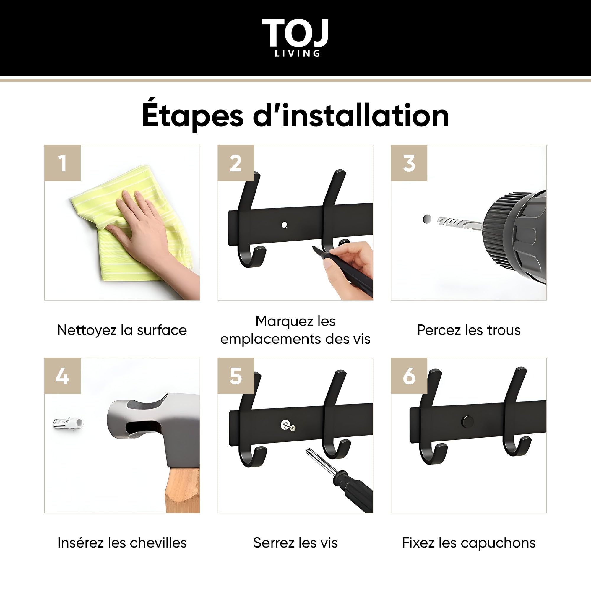 TOJ Appendiabiti da parete con 16 ganci - Appendiabiti da parete - Cornice appendiabiti in acciaio inox - 62 cm - Nero opaco