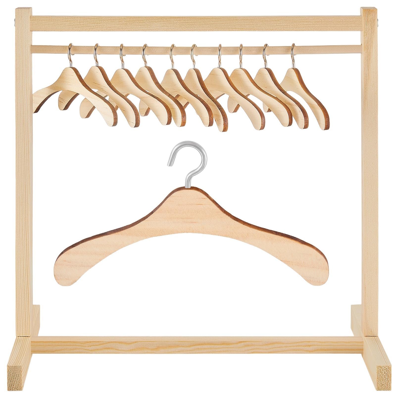 Civaner 11 Pcs Doll Garment Rack with Wooden Clothes Hanger for 18 Inch Girl Doll Clothes Mini Hangers Wardrobe Furniture Accessories for Dollhouse Baby Shower Supplies (Wood)