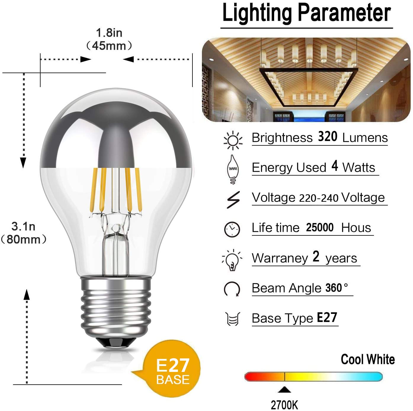 Funey G45 żarówka do lustra z głową srebrna żarówka LED gwint E27 żarówka Edisona zastępuje 35 W, 4 W, 320 lumenów, 2700 K ciepła biel, filament LED, lampa nitkowa, z funkcją ściemniania, 220 V, srebrna (6 szt.)
