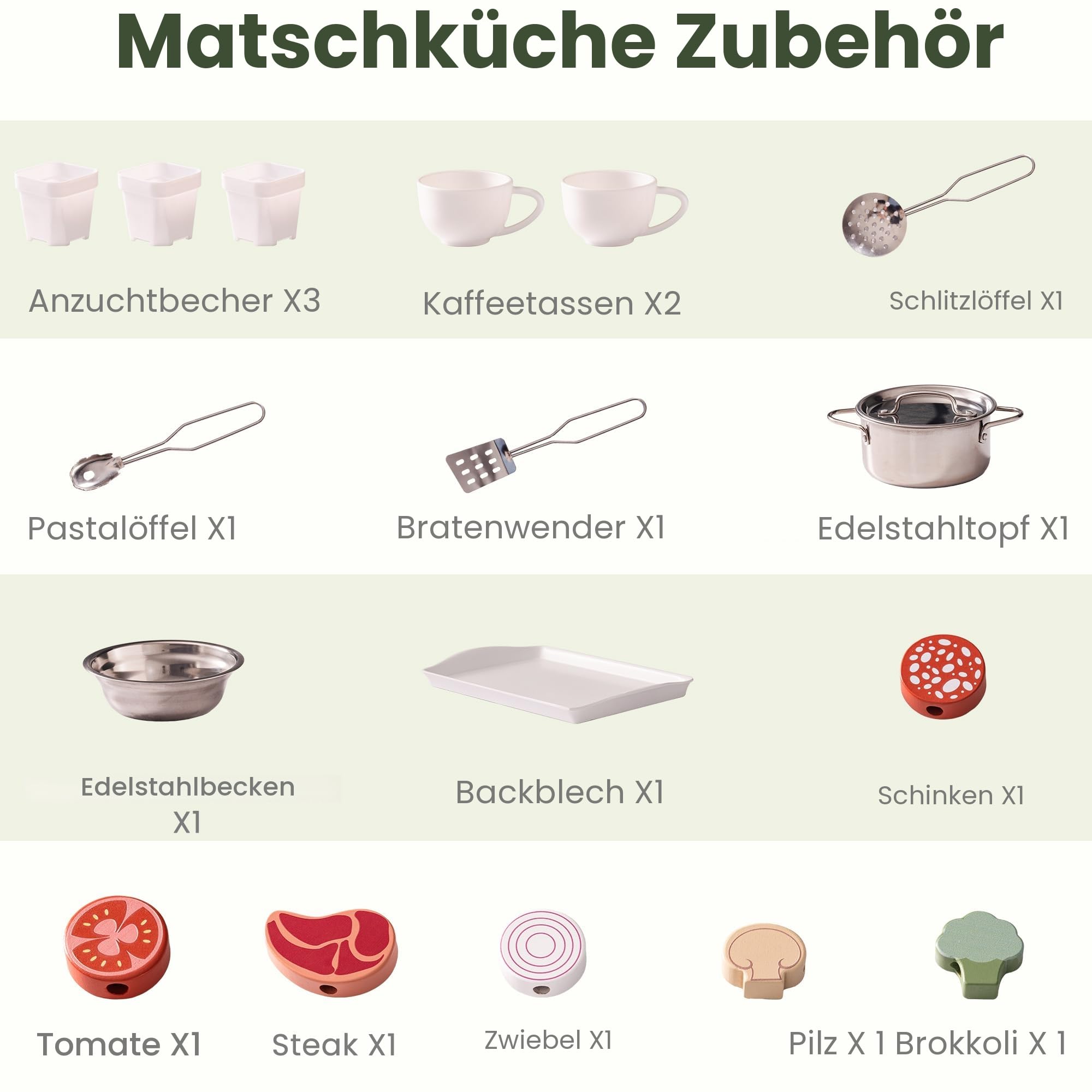 ROBUD Hölzerne Matschküche für Kinder, 17 PCS Pretend Play Kitchen Set mit Wasserspüle, Tafel & Küchenzubehör, Outdoor-Spielzeugküche für BBQ, Küchen-Spielset für Kleinkinder ab 3 Jahren