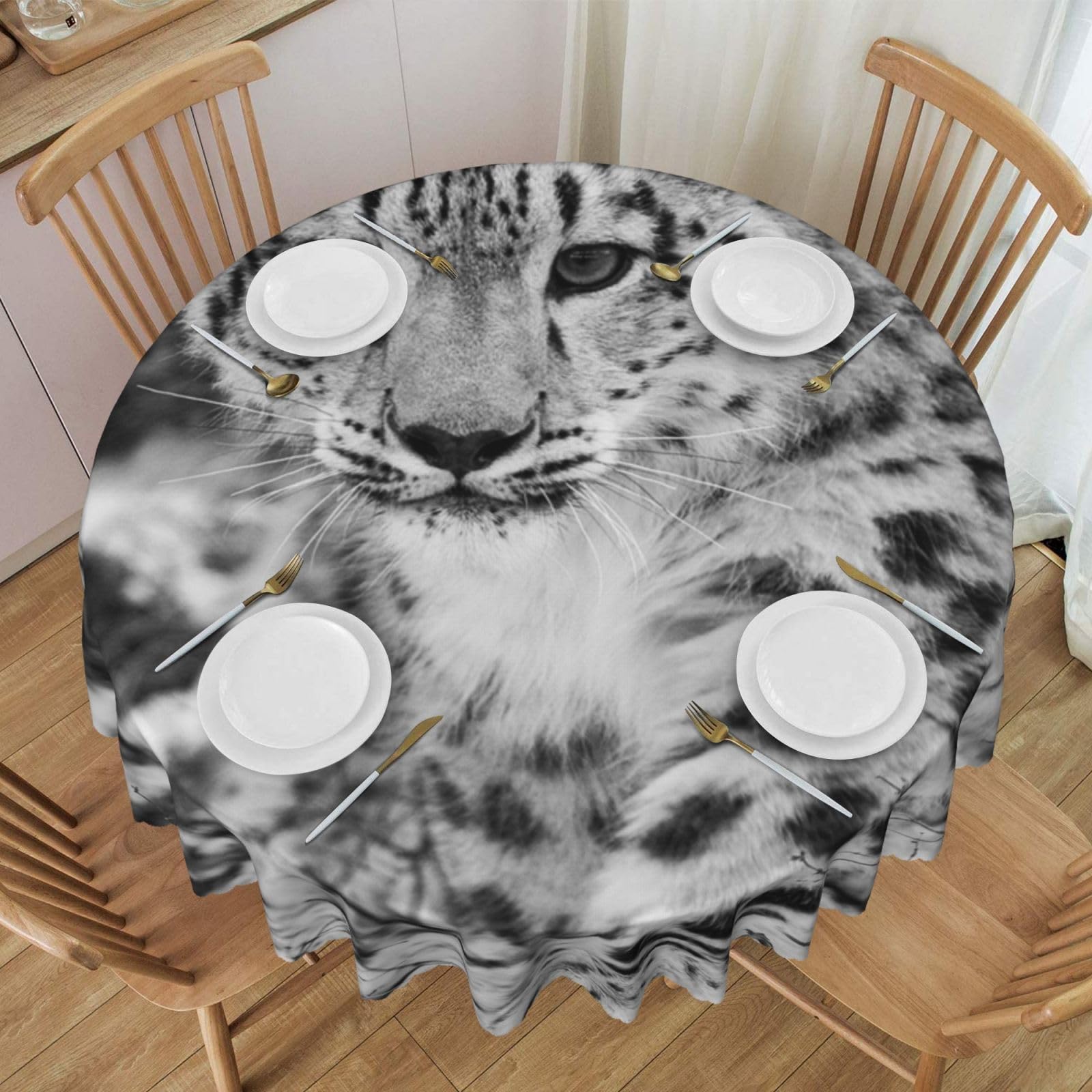 DCEHGEW 60 In Round Tablecloth with Lace, Snow Leopard Printed Oilproof & Washable Fabric Picnic Table Cloth Table Covers