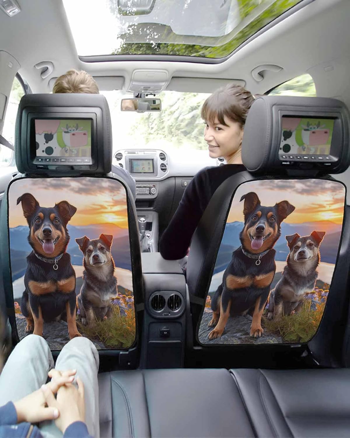 T&H XHome Car Seat Protector, 2 Pack Kick Mats Back Seat Protector Cute Dog on Mountains Blue Sky Flowers Waterproof Backseat Cover for Kids Universal Fit Automotive Interior Protectors