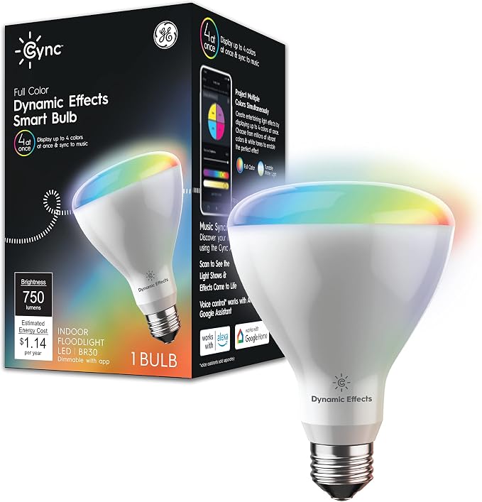 GE CYNC Dynamic Effects BR30 Color Changing Light Bulb with Music Sync, RGB LED Light Bulb, Room Décor Aesthetic WiFi Smart Light, 9.5 Watts, Works with Amazon Alexa and Google, 1 Bulb