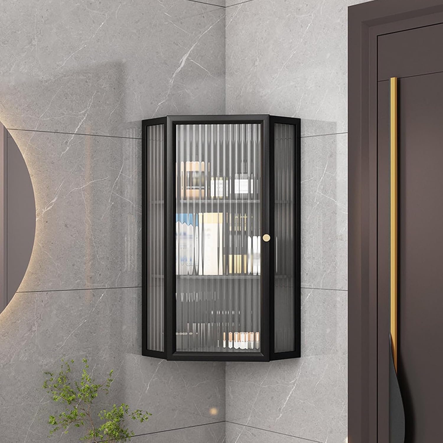 Wall Mounted Corner Bathroom Cabinet with Glass Door, 3/4 Tier Storage Medicine Cabinet, Makeup Organizer for Kitchen Living Room Bedroom,Black-3-Tier