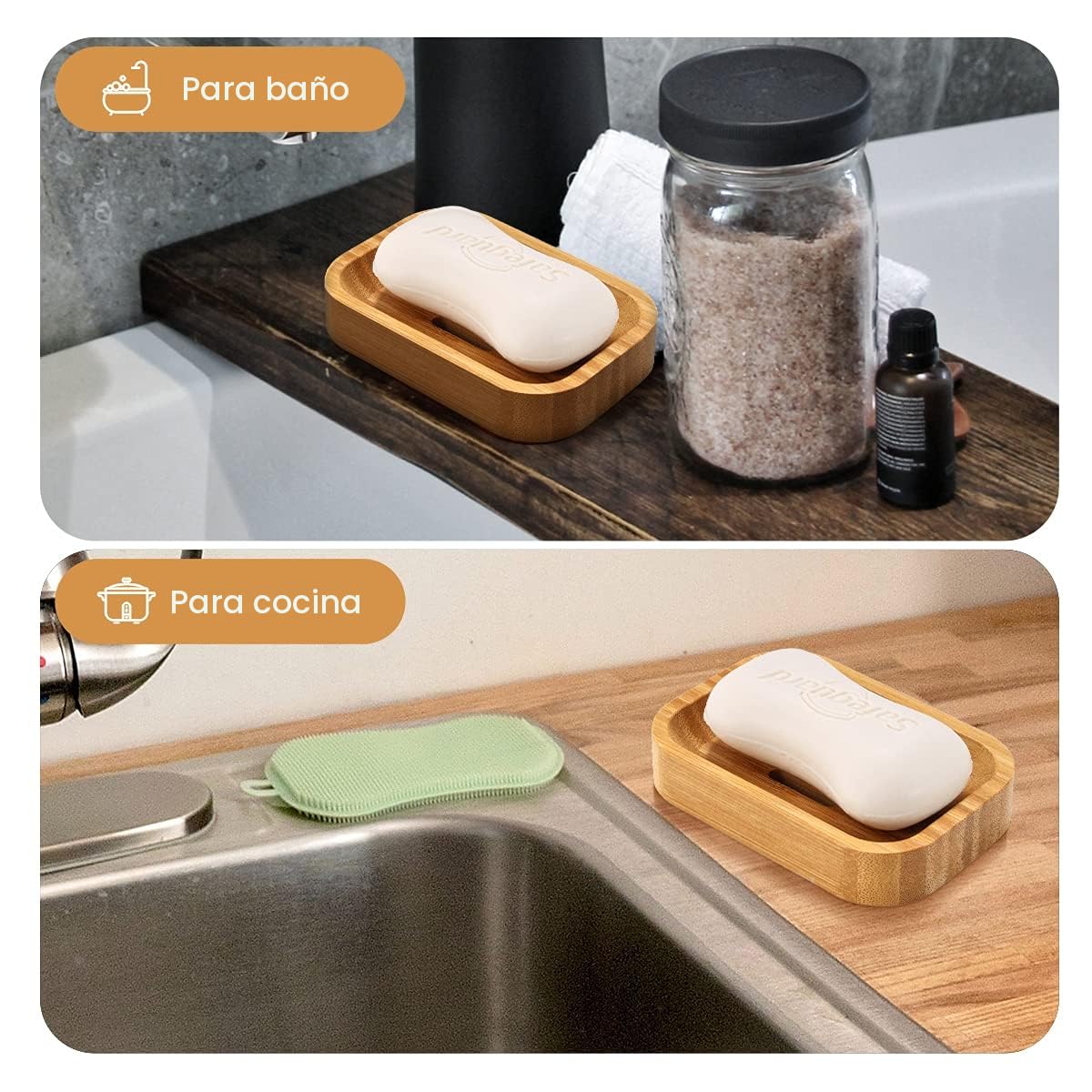 GUANJUNE Paquete de 2 Jaboneras de Bambú de Madera Natural para Baño, Cocina, Esponjas, Accesorios, Almacenamiento