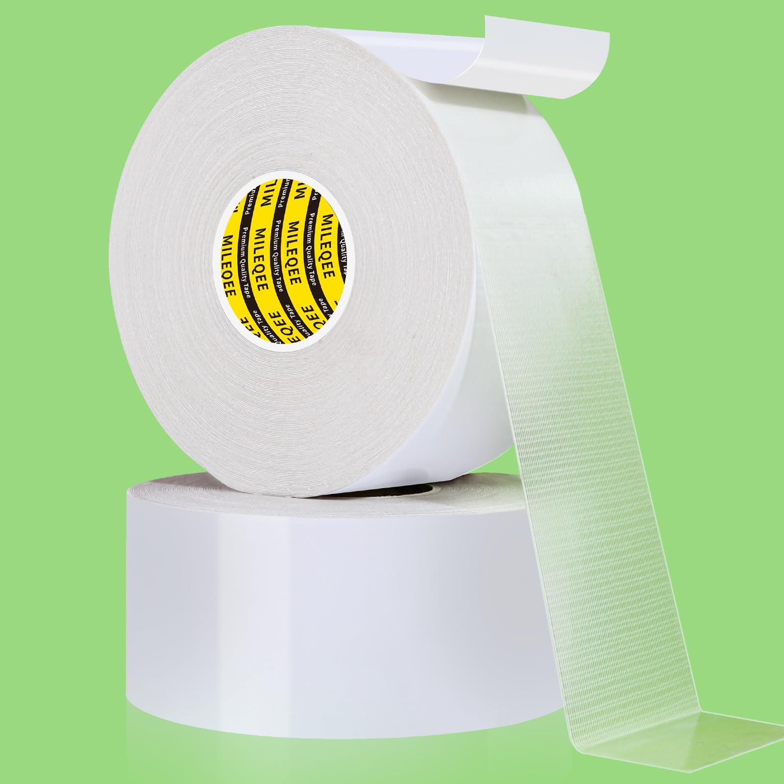 MILEQEE 2Pack Double Sided Tape Heavy Duty, 2in x 66FT, Universal High Tack Strong Wall Adhesive with Fiberglass Mesh, Super Sticky Resistante Clear