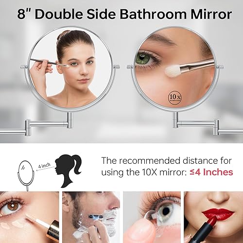 Miniatura 5 de Espejo de maquillaje montado en la pared, espejo de aumento de doble cara 10x/1x, espejo de baño de brazo extensible de 360°, espejo de tocador de 8