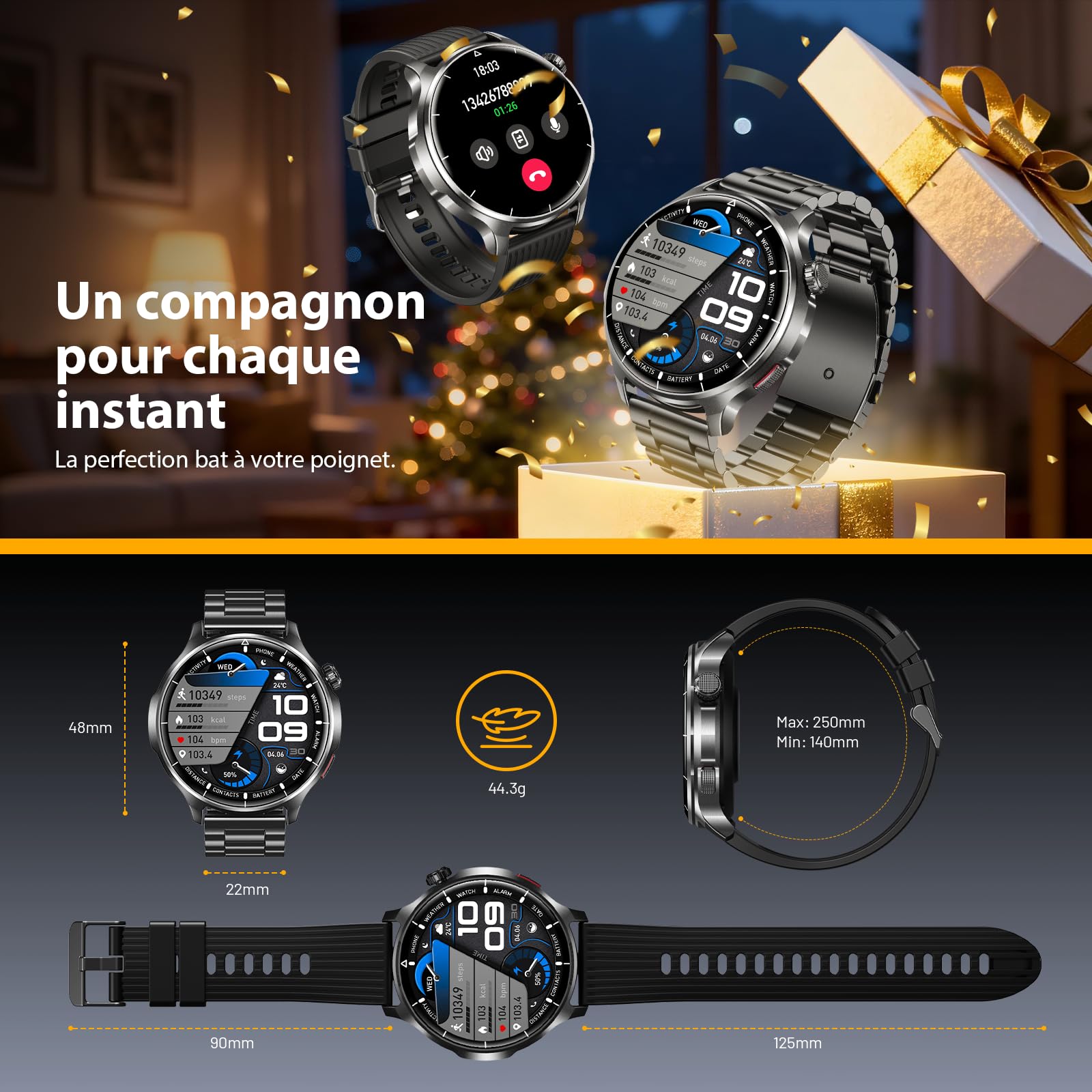 Montre Connectée Homme avec 1000mAh, 1,52'' HD Smartwatch Homme avec Appels Bluetooth, 110+ Sportifs, Suivi Fréquence Cardiaque, Sommeil Moniteur, Podomètre, IP68 Étanche Android iOS (Acier Noir)