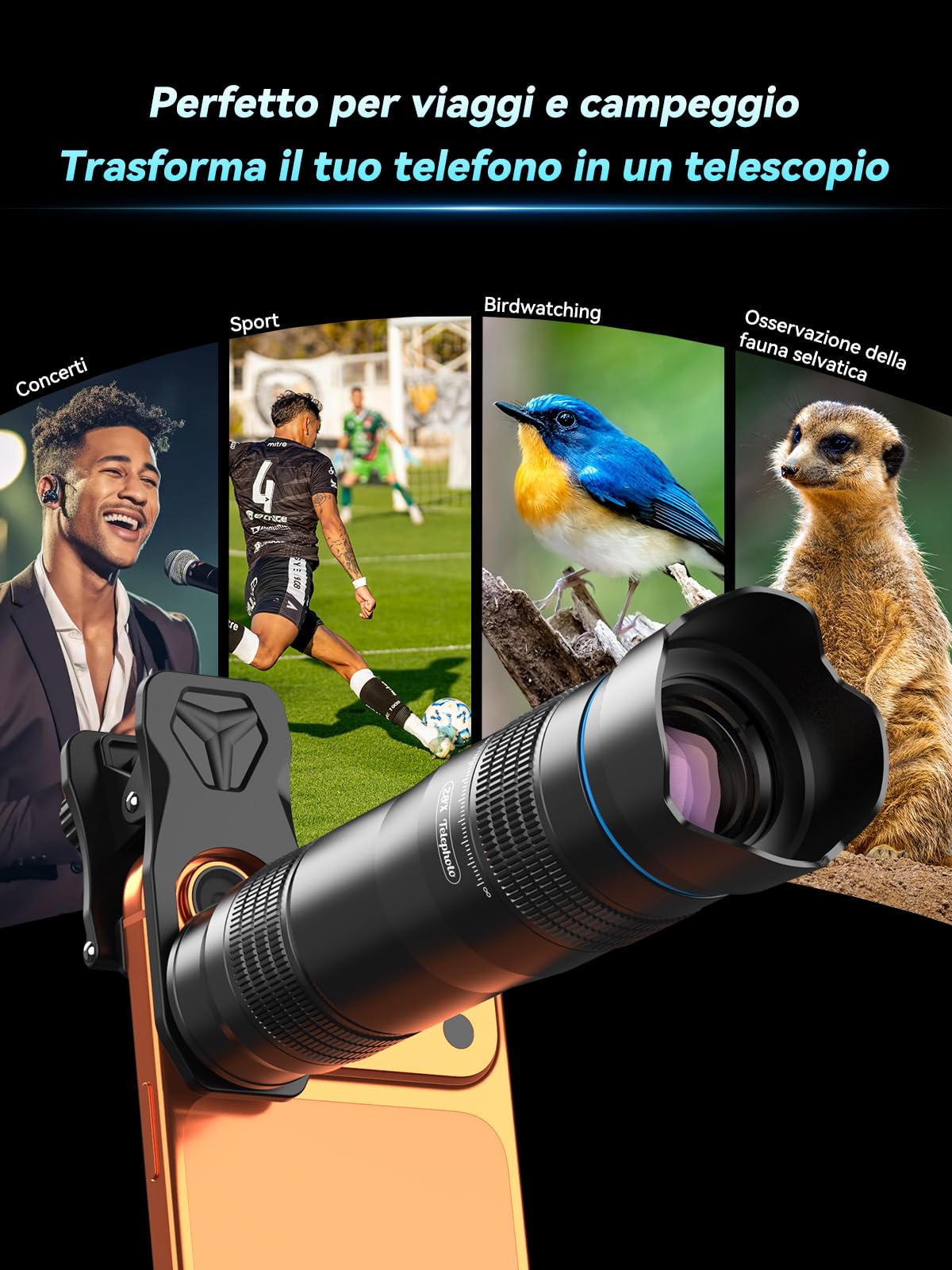 APEXEL 28x HD Teleobiettivo – Obiettivo telescopico universale con clip per iPhone, Samsung e Android