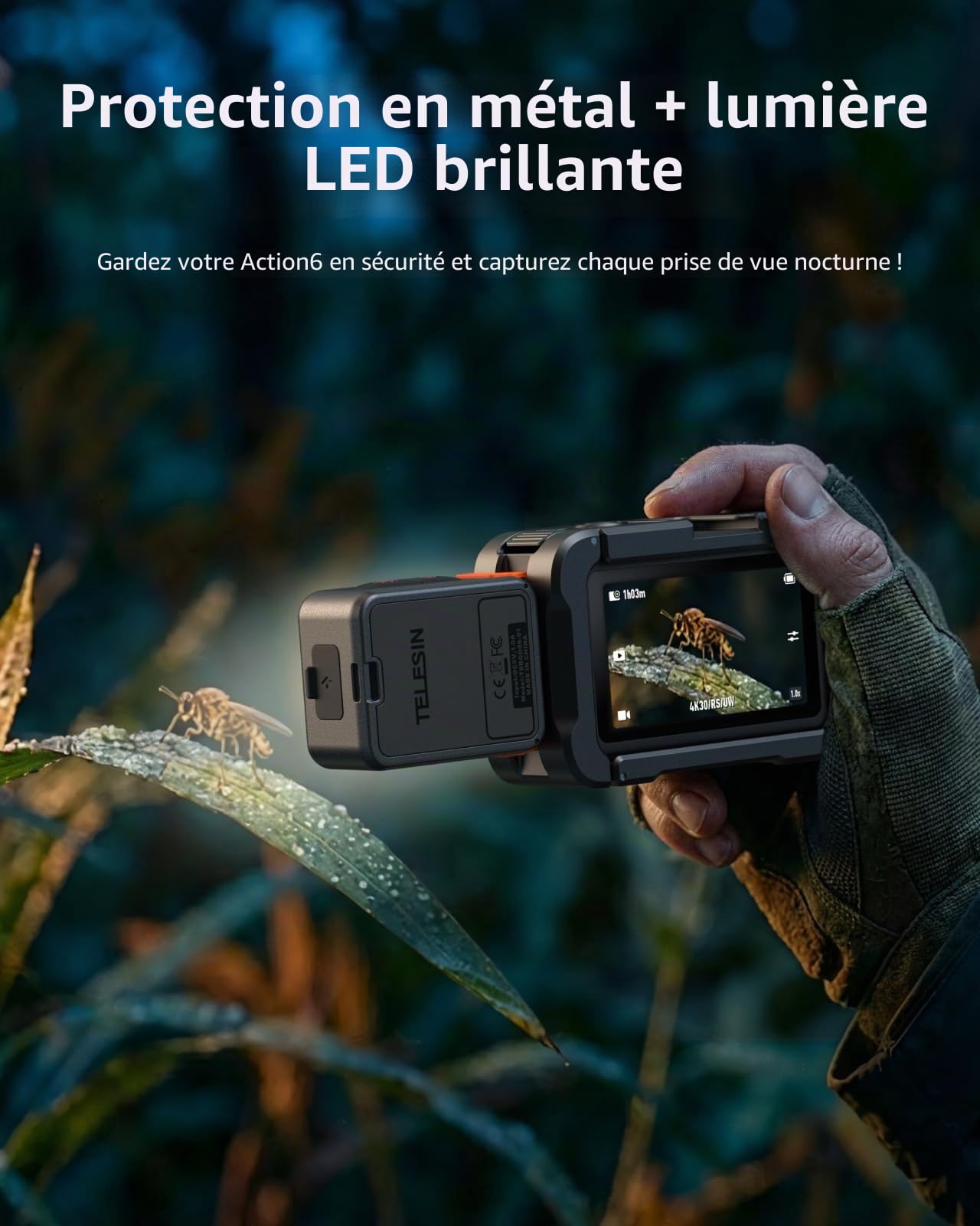 TELESIN Étui de protection en alliage d'aluminium pour DJI Osmo Action 6 avec lumière LED magnétique, boîtier en métal à dégagement rapide de type cage de lapin, vis 1/4" et sabot Cold Shoe, pour vlog