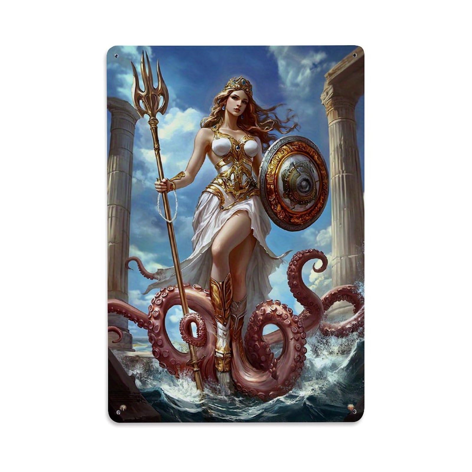 Jdfenggu Vintage Mythical Goddess With Trident And Shield Retro Metal Tin Sign, Decor Art Poster For Bar, Home, Man Cave, Kitchen, Laundry Room Gift 8X12inch