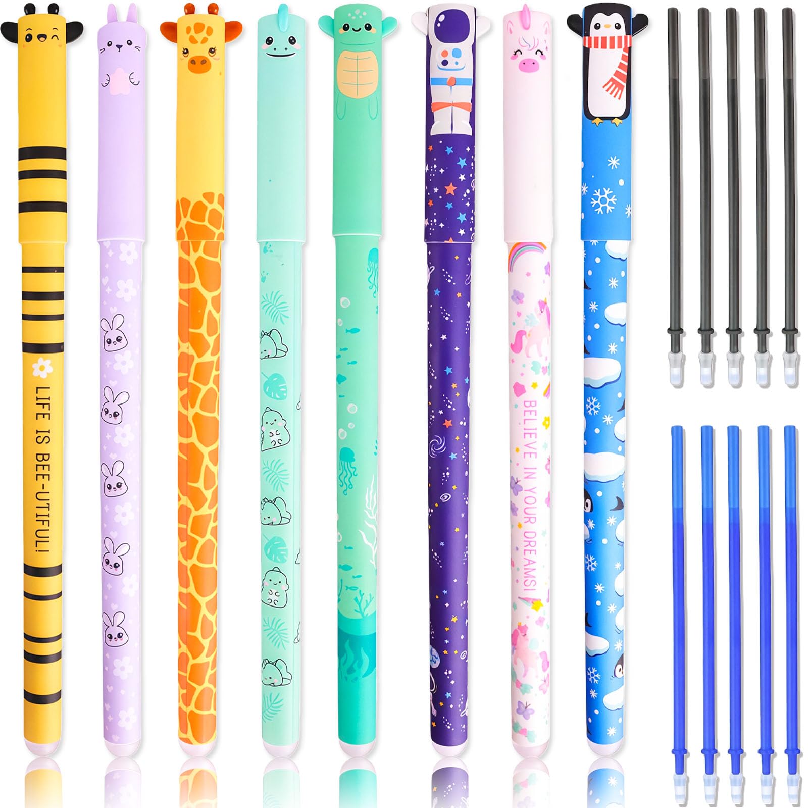 MrDalio Erasable Pens 8 Colors, 8 Rub Out Pens + 10 Refills (Blue and Black), 0.6mm Coloured Pen with Eraser on Tip, Cartoon Ani/mal Pattern for School or Adults' Office Supplies