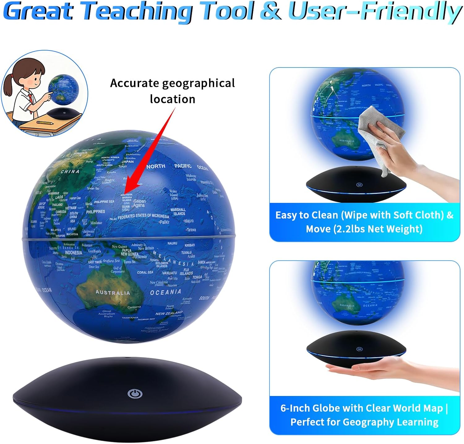 Magnetic Levitation Globe Floating World Map LED Night Light Rotation Globe,6" World Geographic Globes for Home Office Desk Decor Creative Birthday Gifts